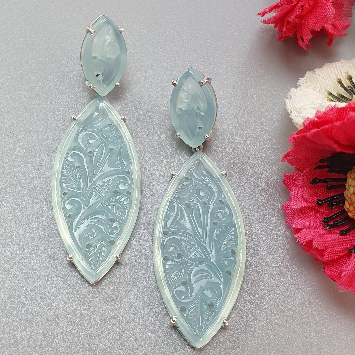 Blue Onyx Carving Silver Earring: 15.91gms Natural Onyx Gemstone Marquise Shape Hand Carved 925 Sterling Silver Prong Set Stud Push Back Earring 2.50"
