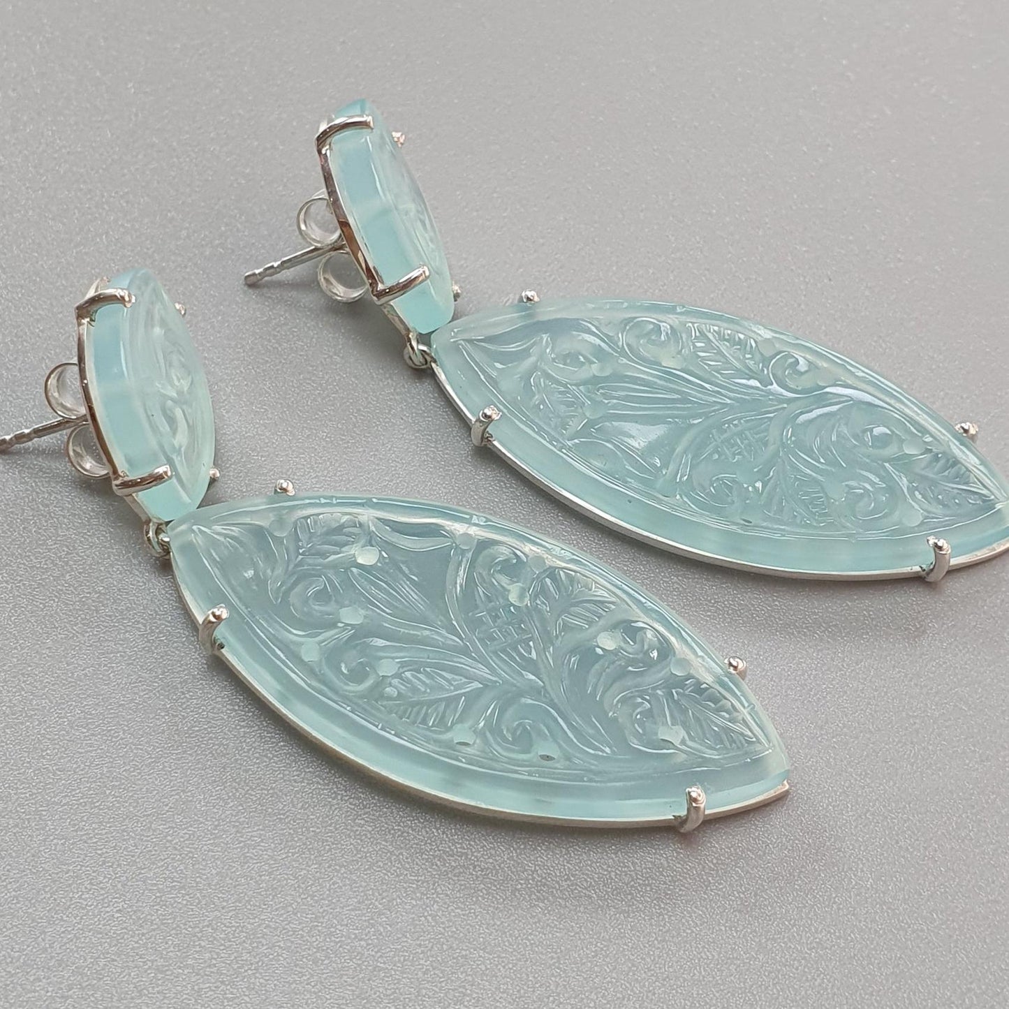 Blue Onyx Carving Silver Earring: 15.91gms Natural Onyx Gemstone Marquise Shape Hand Carved 925 Sterling Silver Prong Set Stud Push Back Earring 2.50"