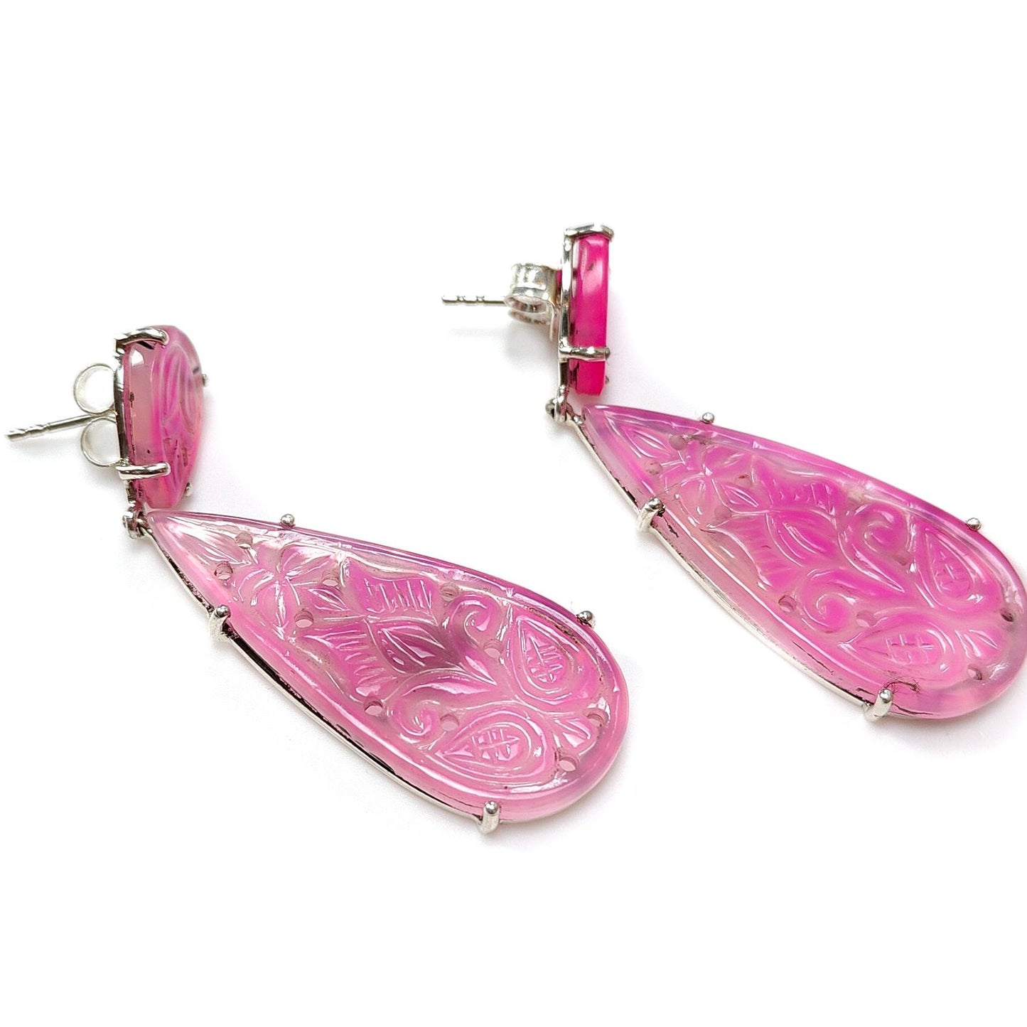 Pink Onyx Carving Silver Earring: 12.00gms Natural Onyx Gemstone Pear Shape Hand Carved 925 Sterling Silver Prong Set Stud Push Back Earring 2.30"