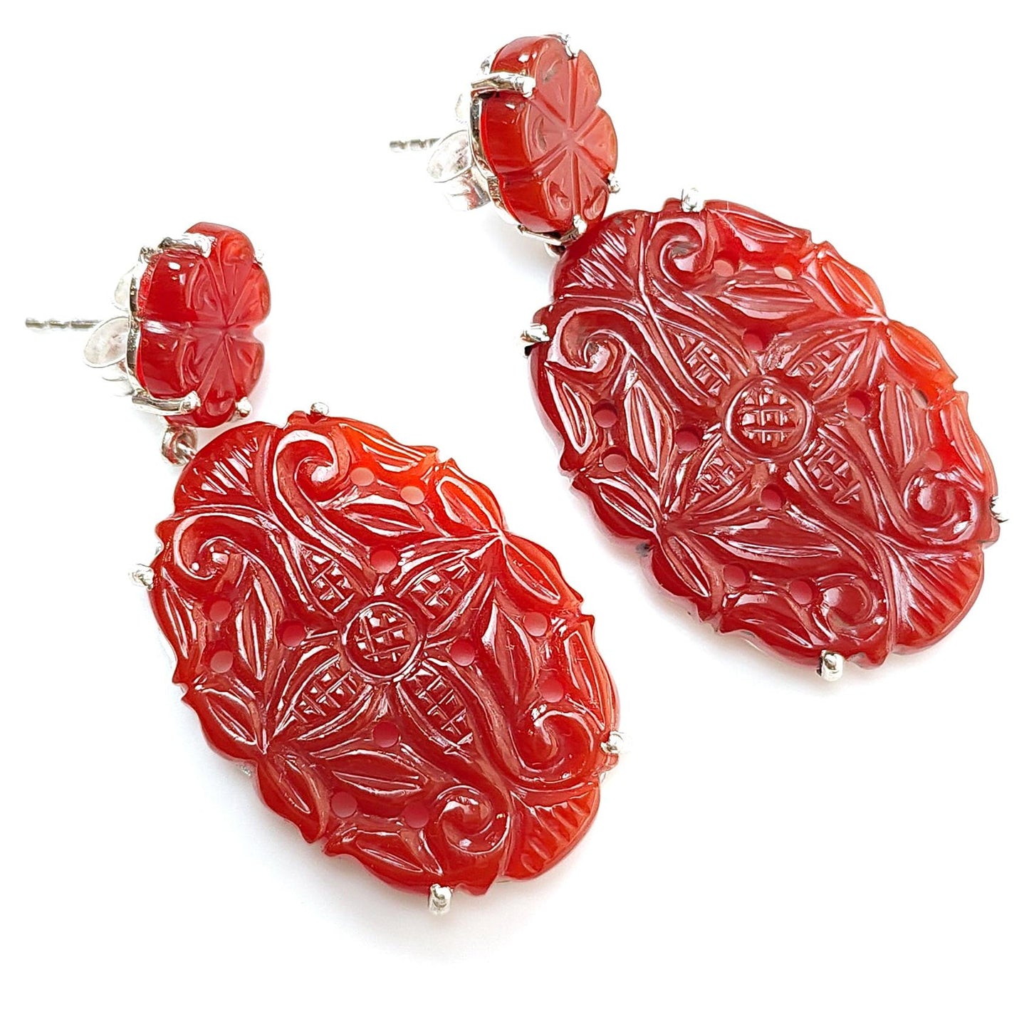 Orange Onyx Carving Silver Earring: 12.72gms Natural Onyx Gemstone Oval Shape Hand Carved 925 Sterling Silver Prong Set Stud Push Back Earring 1.80"