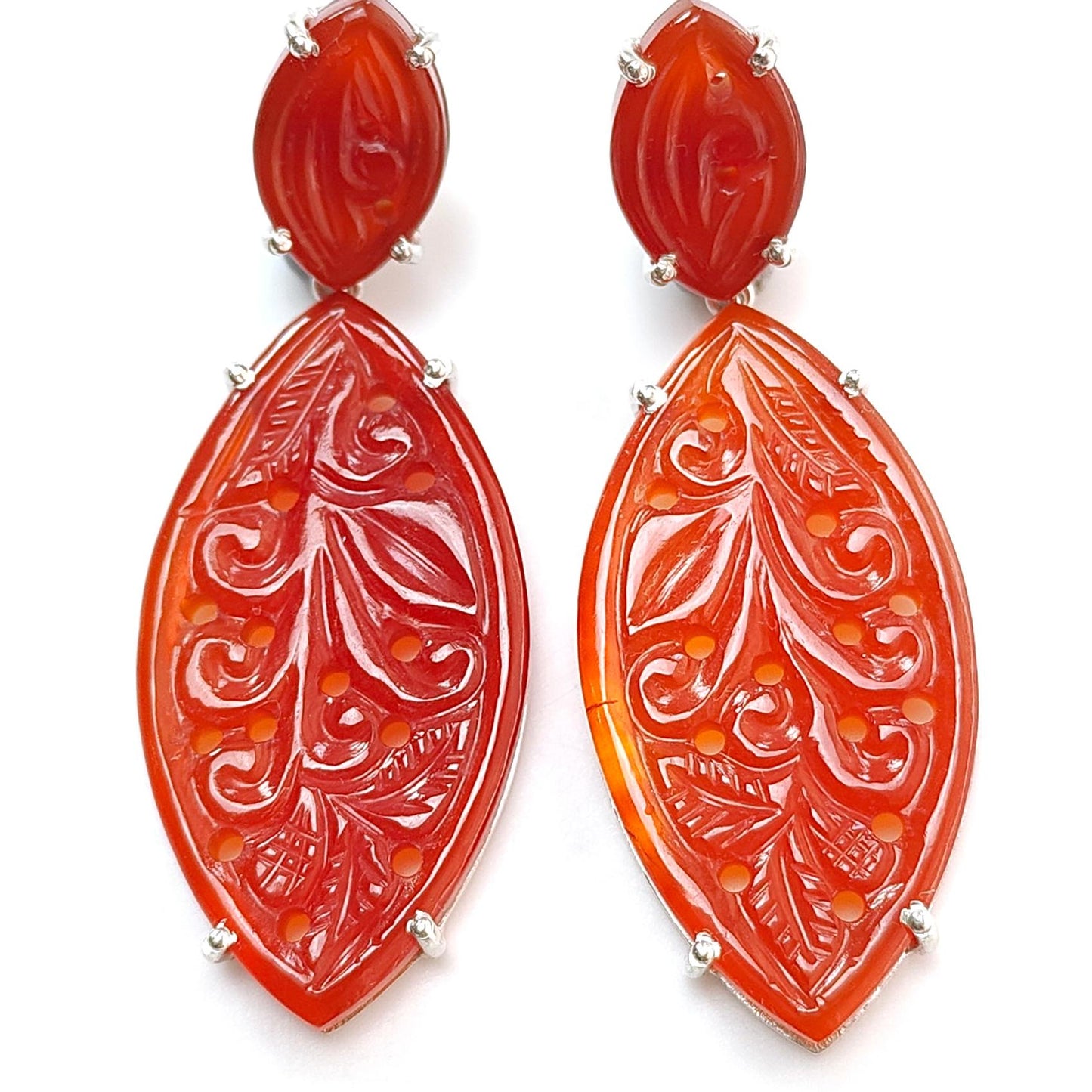 Orange Onyx Carving Silver Earring: 12.72gms Natural Onyx Gemstone Marquise Shape Hand Carved 925 Sterling Silver Prong Set Stud Push Back Earring 2.00"