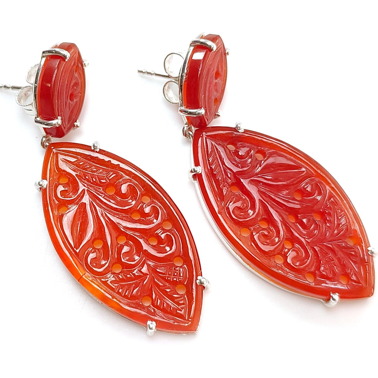 Orange Onyx Carving Silver Earring: 12.72gms Natural Onyx Gemstone Marquise Shape Hand Carved 925 Sterling Silver Prong Set Stud Push Back Earring 2.00"