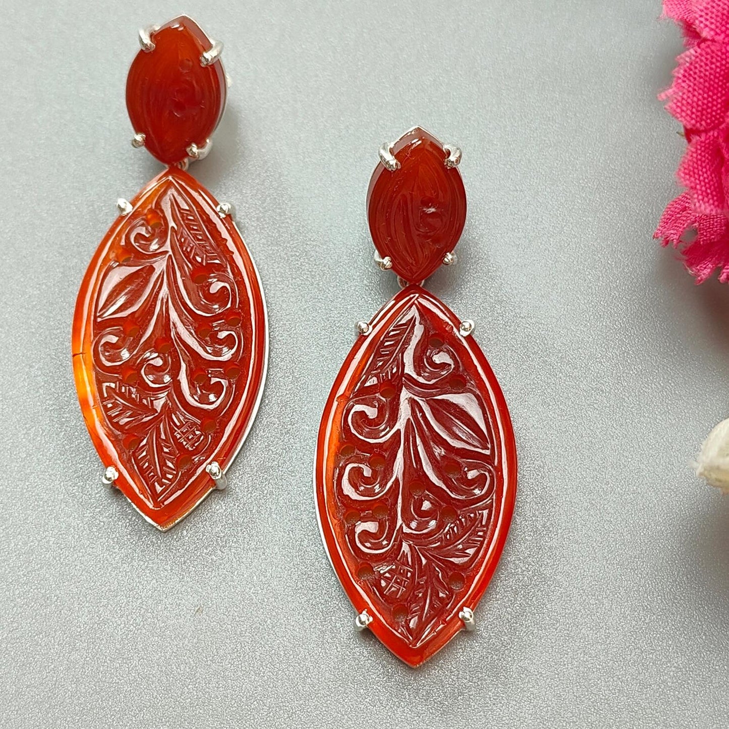 Orange Onyx Carving Silver Earring: 12.72gms Natural Onyx Gemstone Marquise Shape Hand Carved 925 Sterling Silver Prong Set Stud Push Back Earring 2.00"