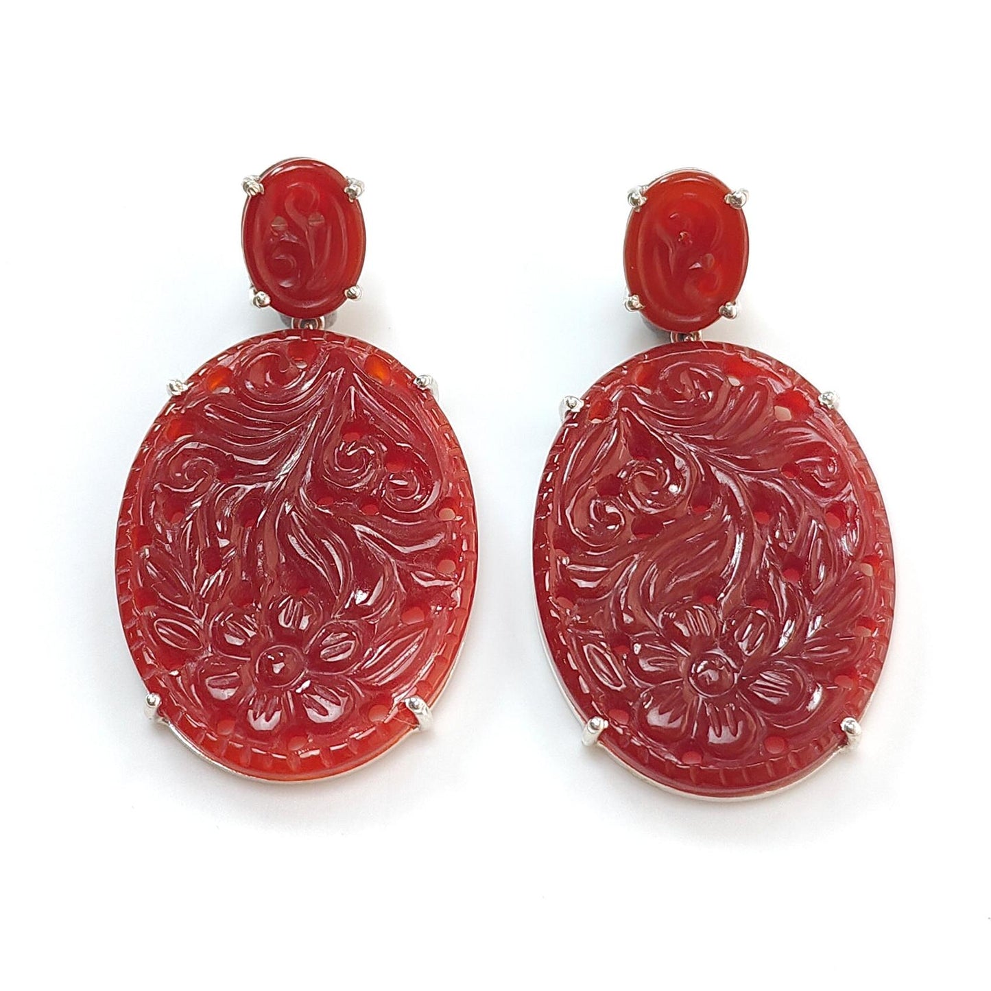 Orange Onyx Carving Silver Earring: 14.77gms Natural Onyx Gemstone Oval Shape Hand Carved 925 Sterling Silver Prong Set Stud Push Back Earring 2.00"