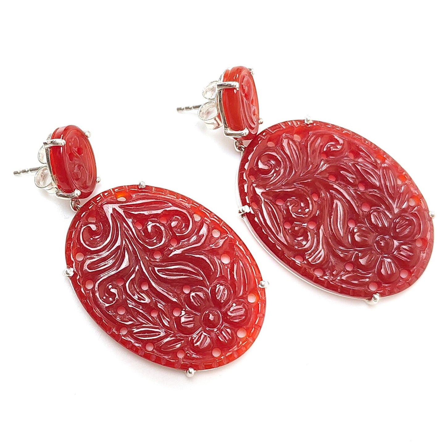 Orange Onyx Carving Silver Earring: 14.77gms Natural Onyx Gemstone Oval Shape Hand Carved 925 Sterling Silver Prong Set Stud Push Back Earring 2.00"
