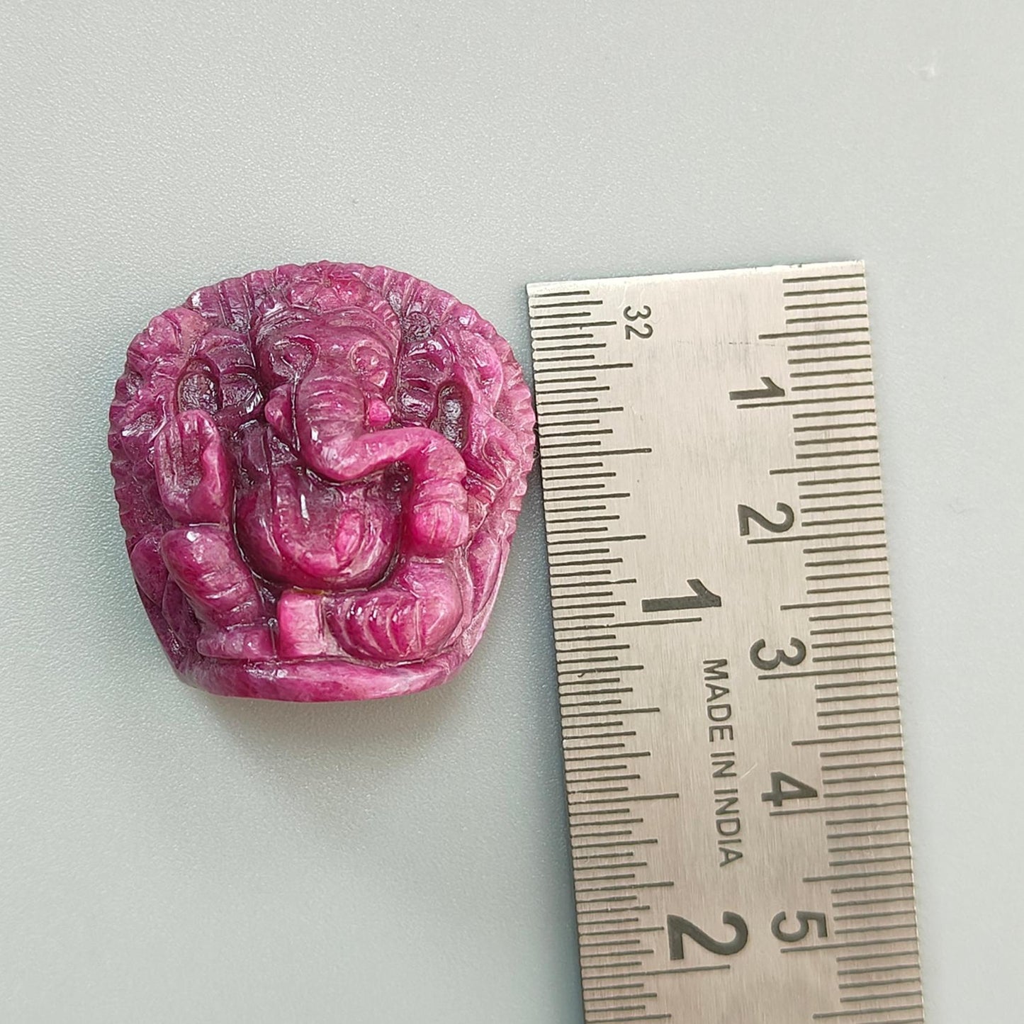 Ruby Gemstone Sculpture Figurine: 128.10cts Natural Untreated Ruby Lord Ganesha Idol Carving 31*30mm July Birthstone