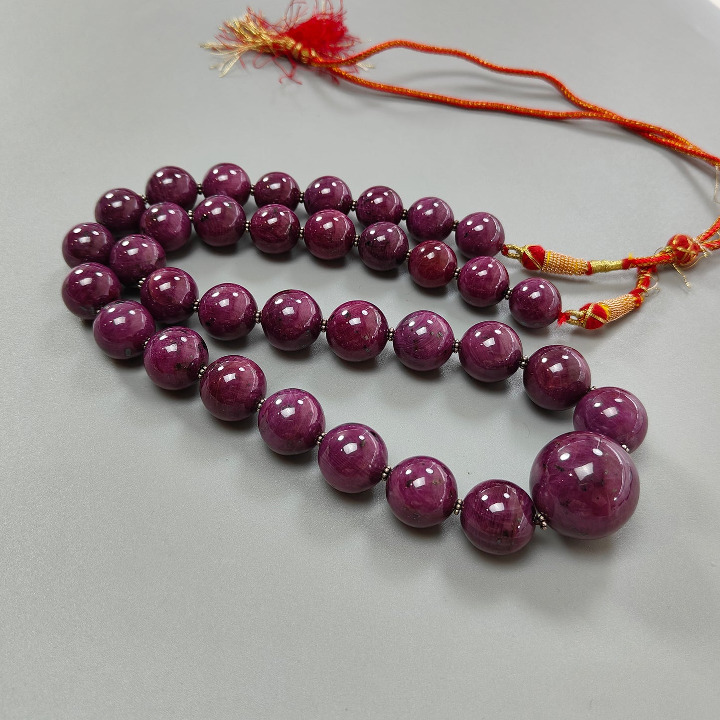 Ruby Gemstone Beads Necklace : 390.26gms Natural Silver Red Ruby Gemstone Plain Round Necklace 15mm - 23mm 25"