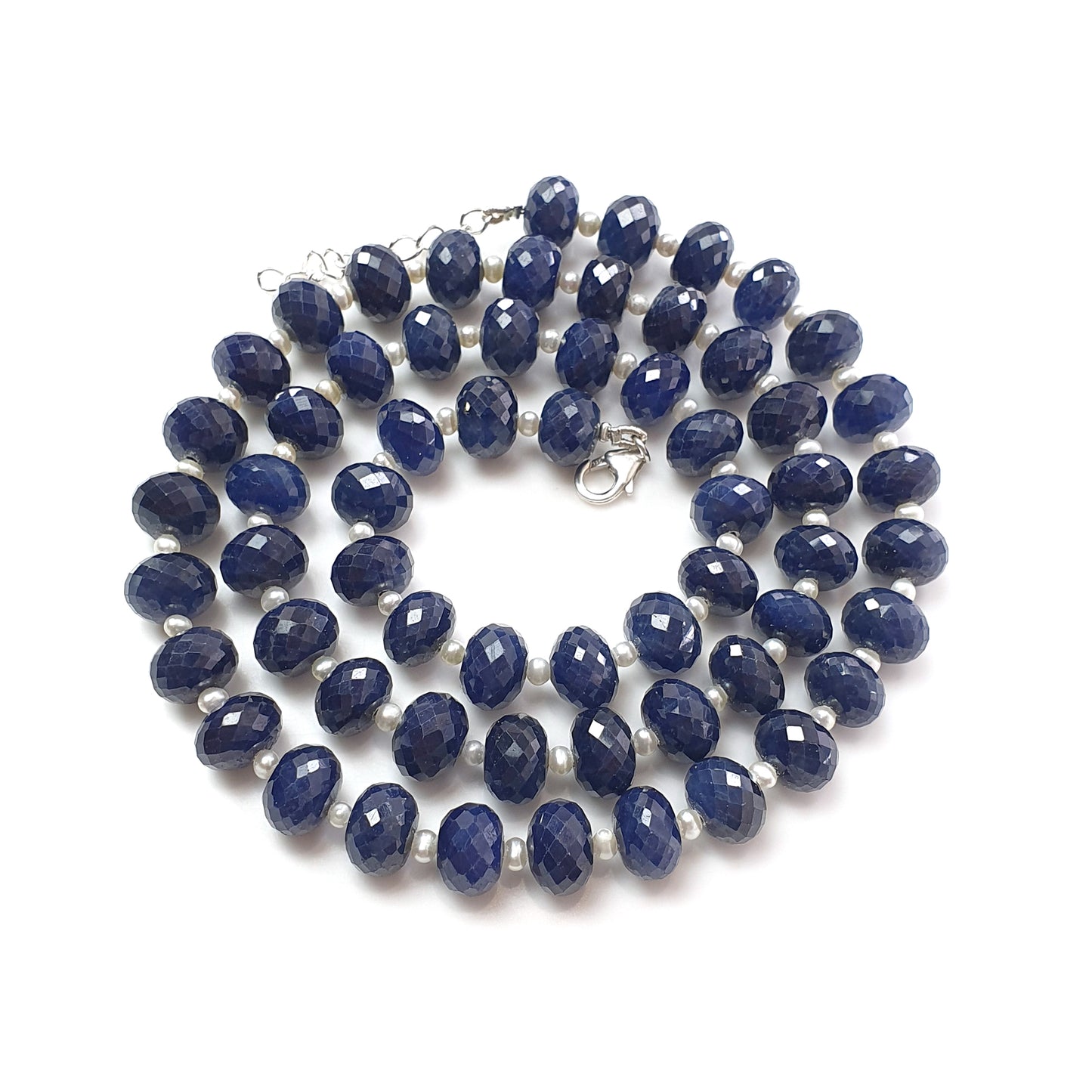 Blue Sapphire Faceted Beads Necklace : 481.40cts 925 Sterling Silver Natural Untreated Blue Sapphire Gemstone Rondelle Beads 10mm 23"
