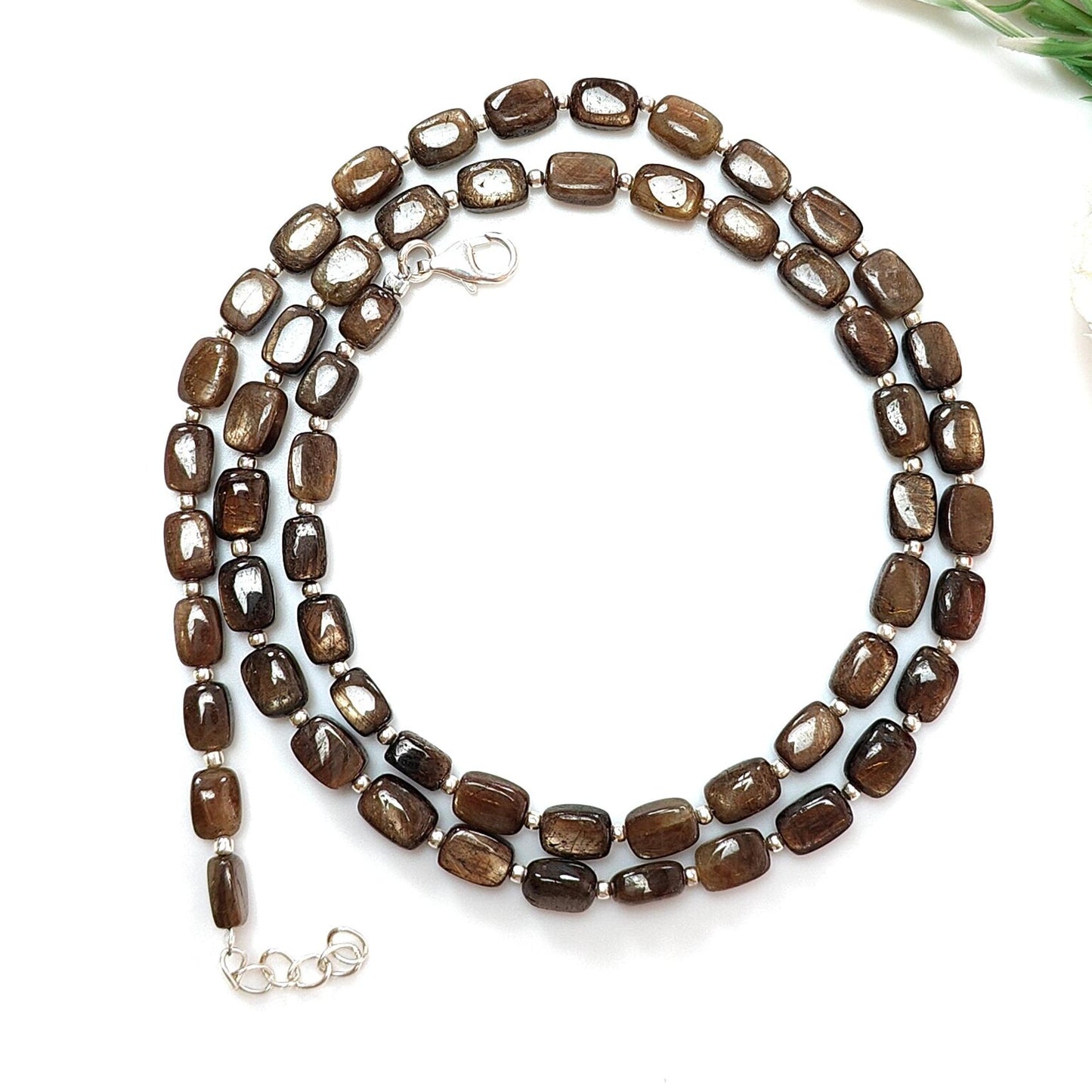 Golden Brown Chocolate Sapphire Gemstone Beads Necklace : 18.31gms 925 Sterling Silver Natural Plain Cushion Sapphire 5*4mm - 6*5mm 19"
