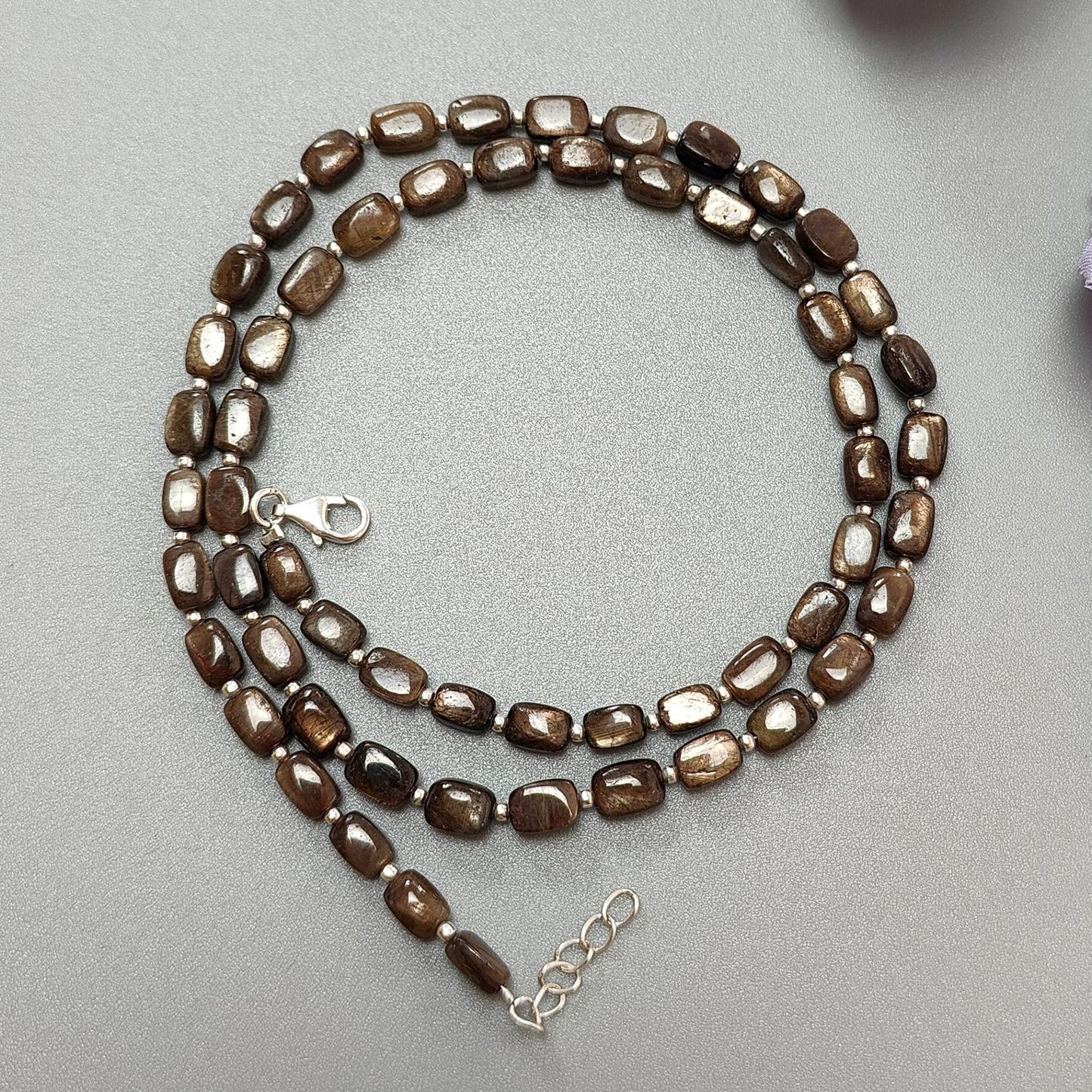 Golden Brown Chocolate Sapphire Gemstone Beads Necklace : 18.31gms 925 Sterling Silver Natural Plain Cushion Sapphire 5*4mm - 6*5mm 19"