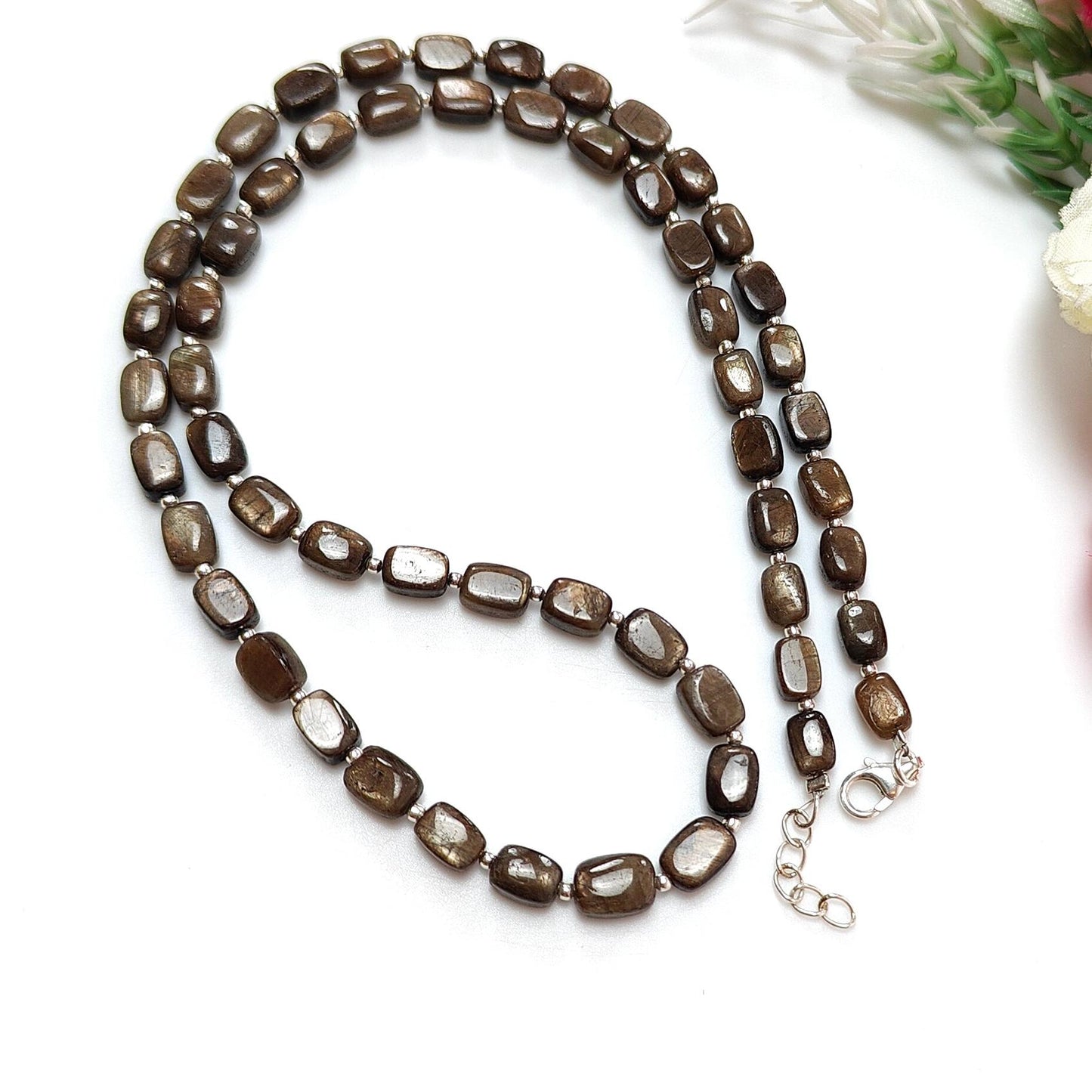 Golden Brown Sapphire Gemstone Beads Necklace : 21.71gms 925 Sterling Silver Natural Plain Cushion Sapphire 5.5*4mm - 7*6mm 19"