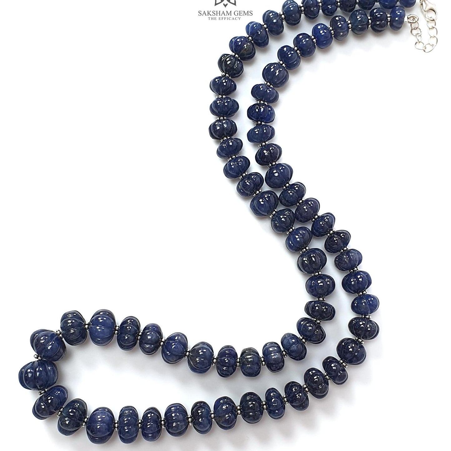 Blue Sapphire Melon Pumpkin Beads : 431.80cts 925 Sterling Silver Natural Sapphire Hand Carved Rondelle Melon Beads 7mm - 12mm 20"