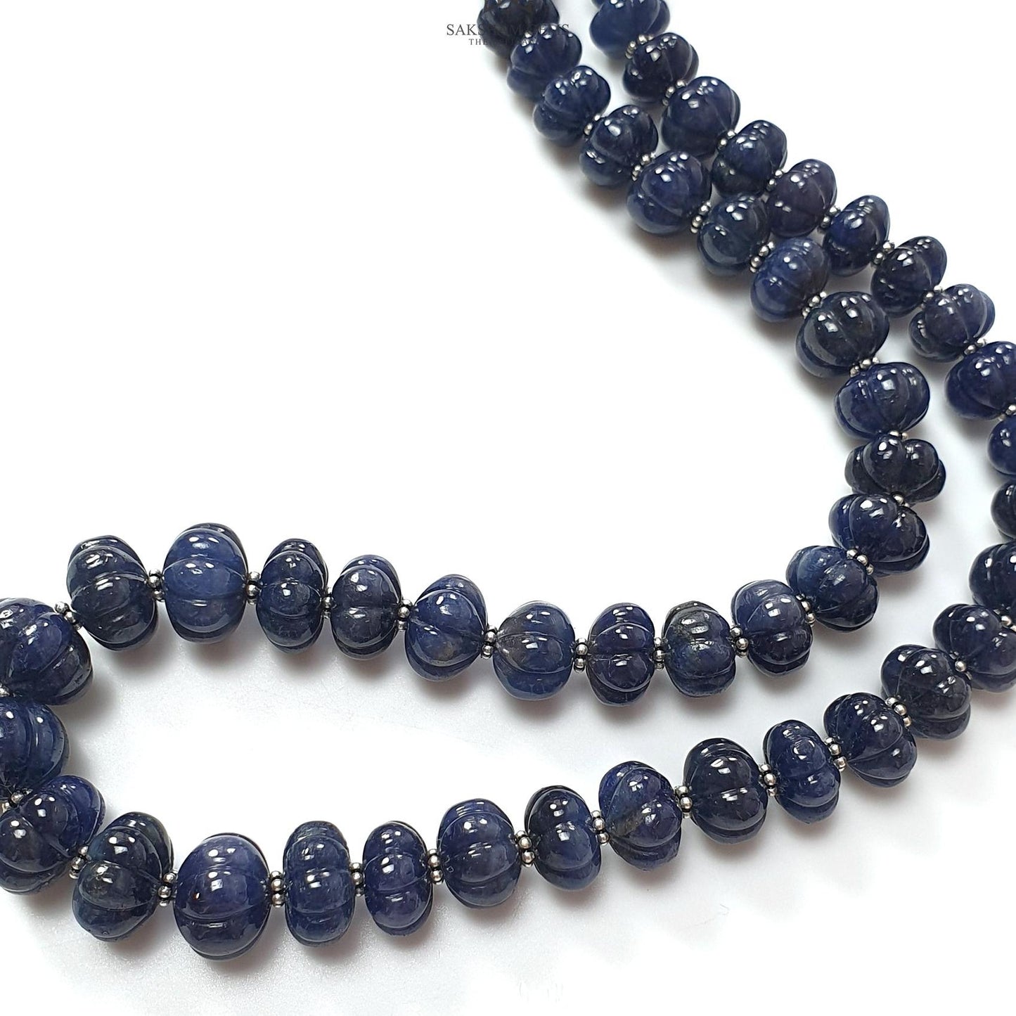 Blue Sapphire Melon Pumpkin Beads : 431.80cts 925 Sterling Silver Natural Sapphire Hand Carved Rondelle Melon Beads 7mm - 12mm 20"