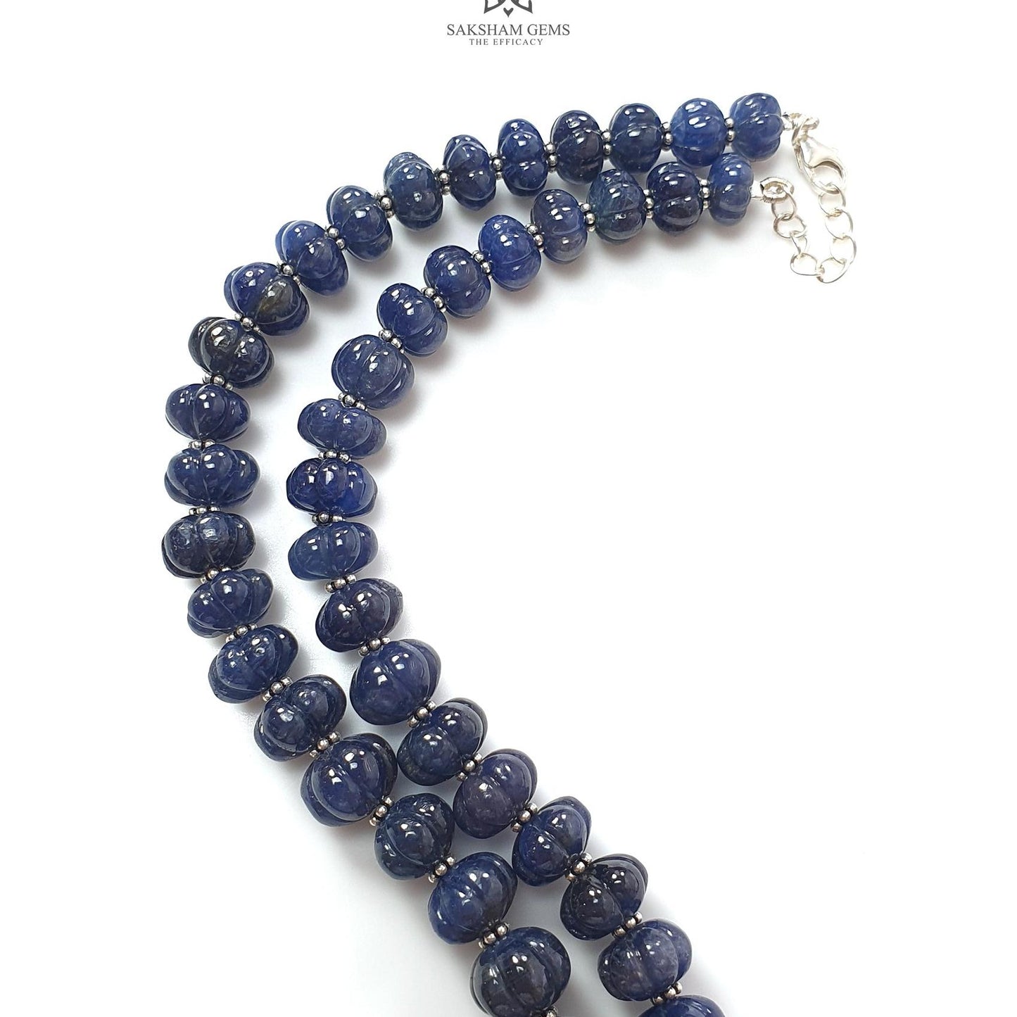 Blue Sapphire Melon Pumpkin Beads : 431.80cts 925 Sterling Silver Natural Sapphire Hand Carved Rondelle Melon Beads 7mm - 12mm 20"