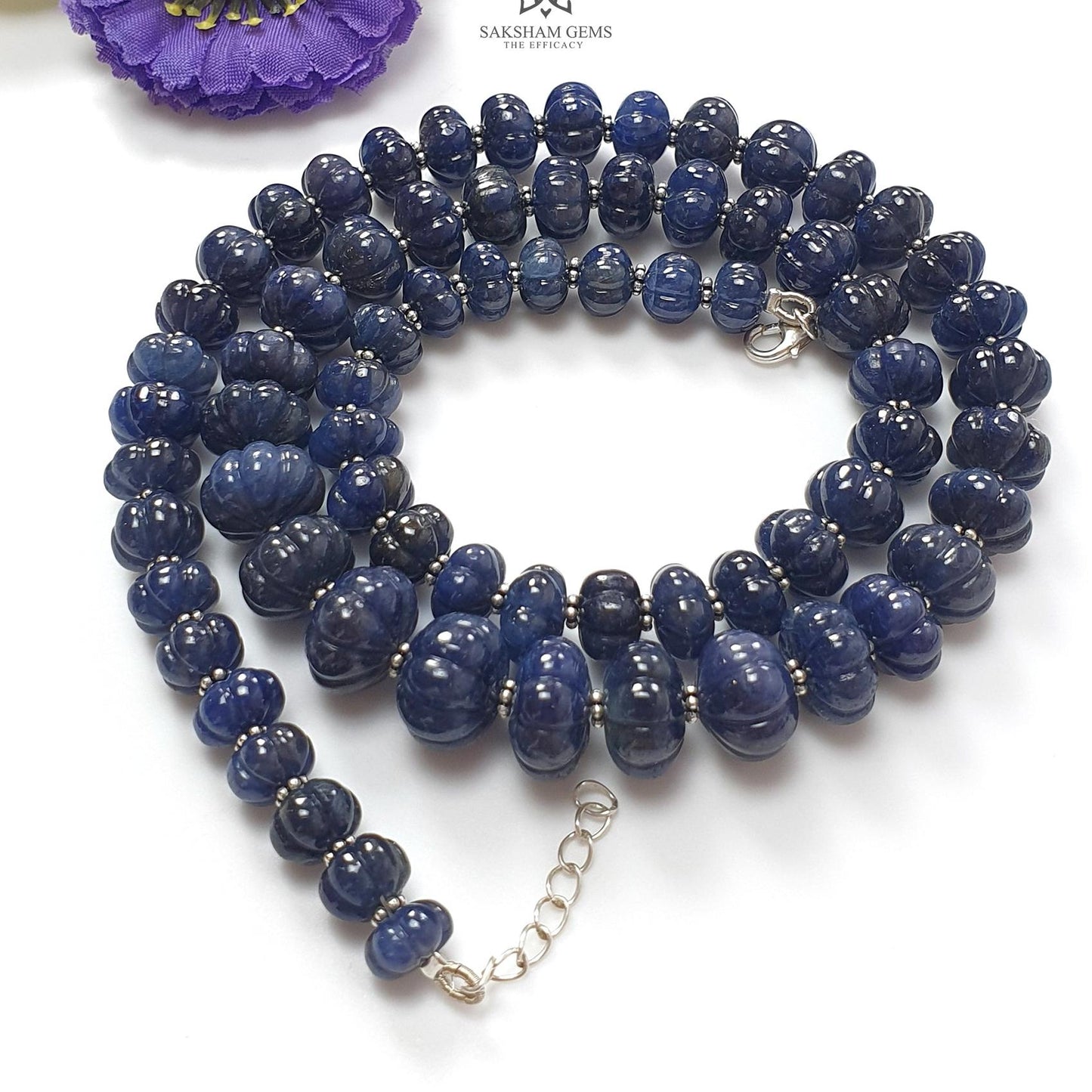 Blue Sapphire Melon Pumpkin Beads : 431.80cts 925 Sterling Silver Natural Sapphire Hand Carved Rondelle Melon Beads 7mm - 12mm 20"