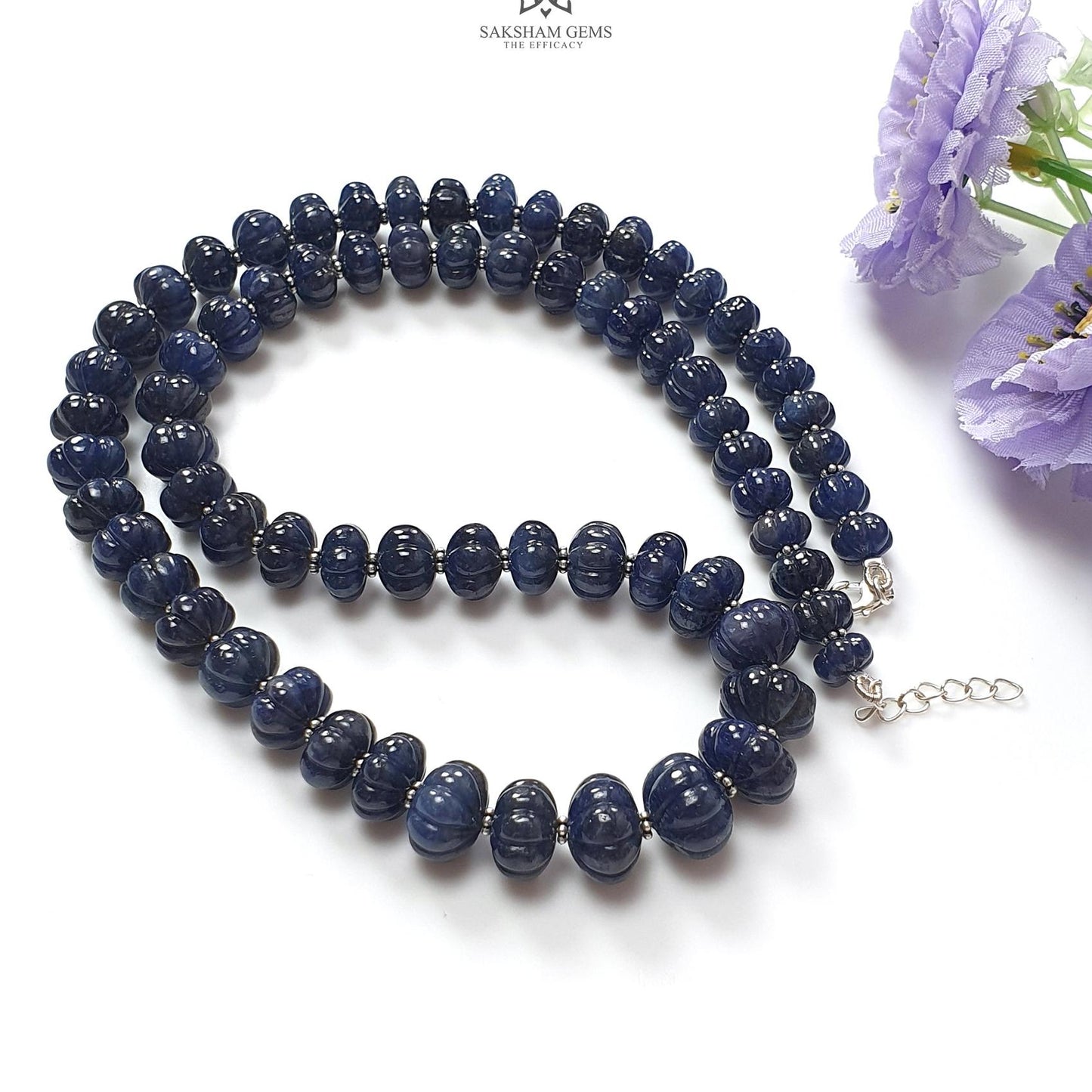 Blue Sapphire Melon Pumpkin Beads : 431.80cts 925 Sterling Silver Natural Sapphire Hand Carved Rondelle Melon Beads 7mm - 12mm 20"