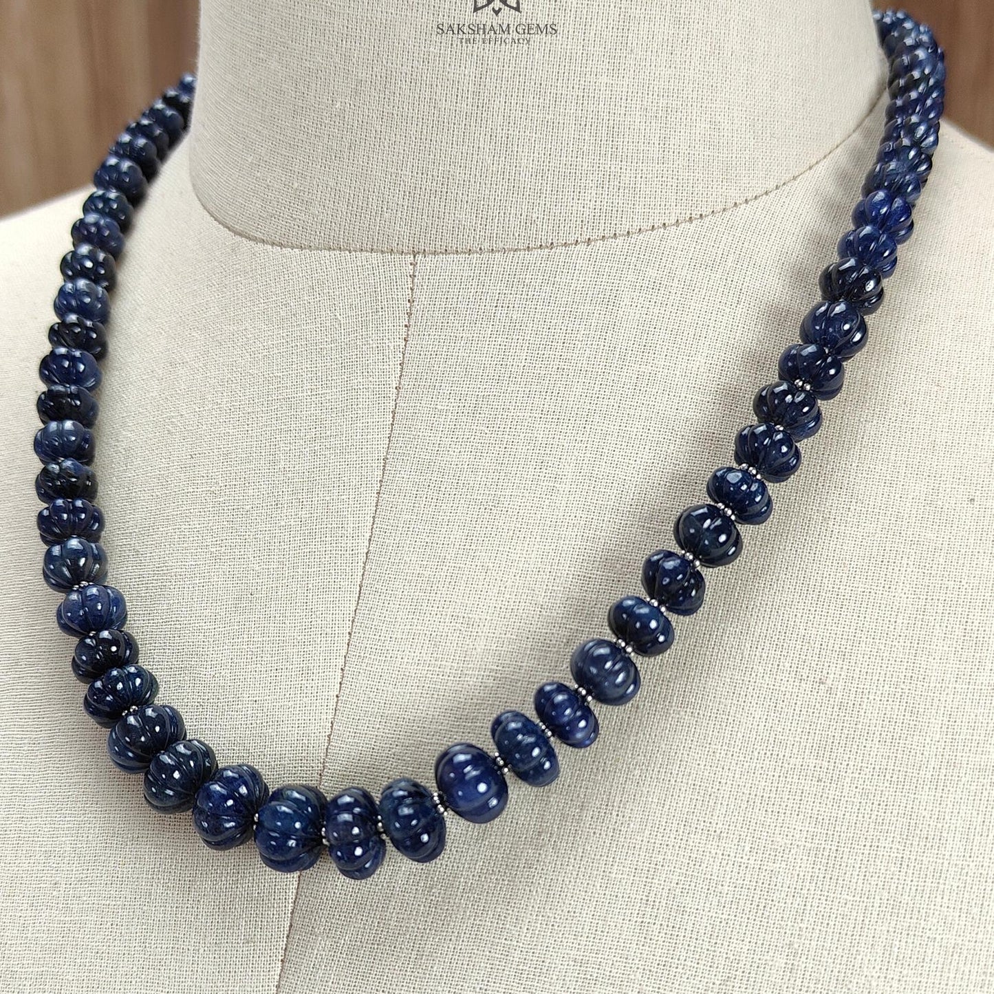 Blue Sapphire Melon Pumpkin Beads : 431.80cts 925 Sterling Silver Natural Sapphire Hand Carved Rondelle Melon Beads 7mm - 12mm 20"