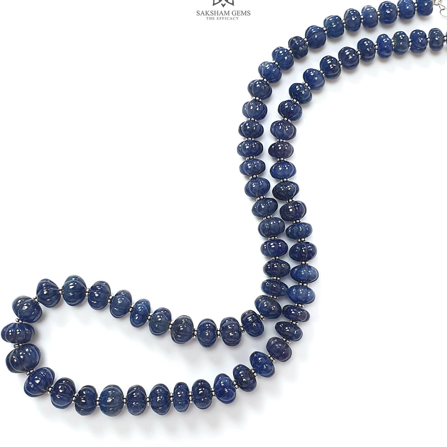 Blue Sapphire Melon Pumpkin Beads : 394.80cts 925 Sterling Silver Natural Sapphire Hand Carved Rondelle Melon Beads 8mm - 11mm 19.5"