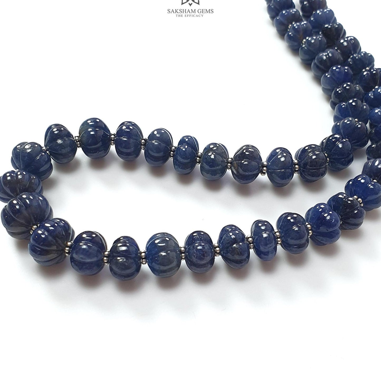 Blue Sapphire Melon Pumpkin Beads : 394.80cts 925 Sterling Silver Natural Sapphire Hand Carved Rondelle Melon Beads 8mm - 11mm 19.5"