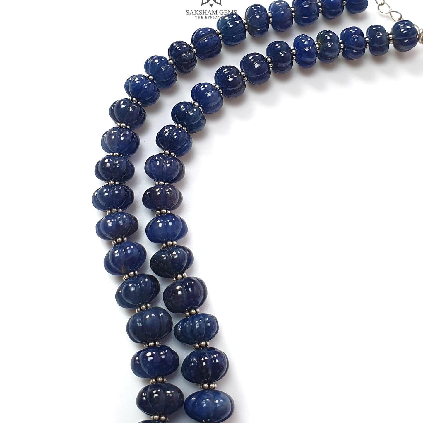 Blue Sapphire Melon Pumpkin Beads : 394.80cts 925 Sterling Silver Natural Sapphire Hand Carved Rondelle Melon Beads 8mm - 11mm 19.5"