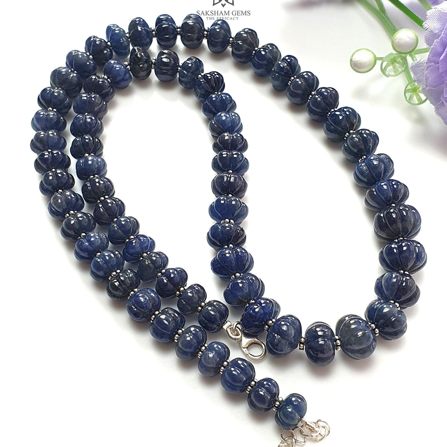 Blue Sapphire Melon Pumpkin Beads : 394.80cts 925 Sterling Silver Natural Sapphire Hand Carved Rondelle Melon Beads 8mm - 11mm 19.5"