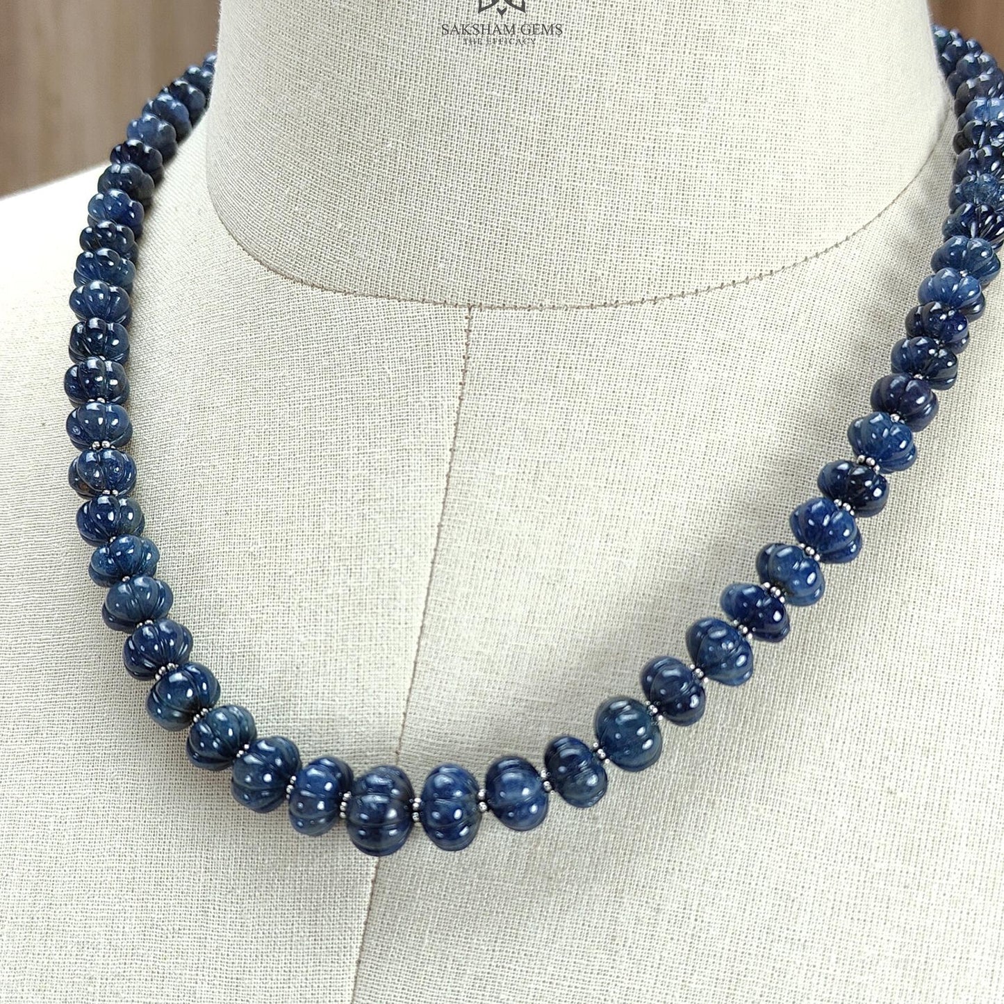 Blue Sapphire Melon Pumpkin Beads : 394.80cts 925 Sterling Silver Natural Sapphire Hand Carved Rondelle Melon Beads 8mm - 11mm 19.5"