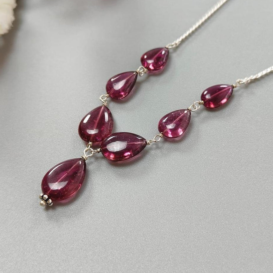 Rubellite Tourmaline Necklace: 39.40cts Natural Untreated Tourmaline 925 Sterling Silver Plain Pear 10*6mm-12*9mm 20.5"