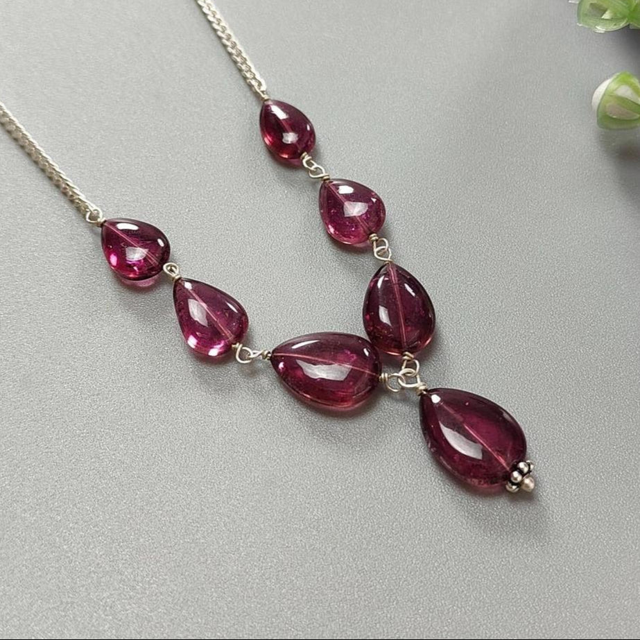 Rubellite Tourmaline Necklace: 39.40cts Natural Untreated Tourmaline 925 Sterling Silver Plain Pear 10*6mm-12*9mm 20.5"