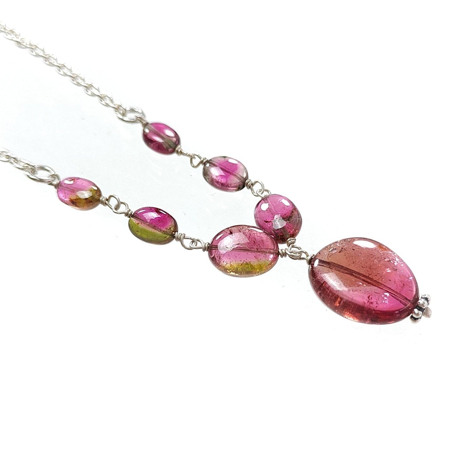 Watermelon Tourmaline Beads Chain Necklace: 33.00cts Natural Untreated Tourmaline 925 Sterling Silver Plain 21"