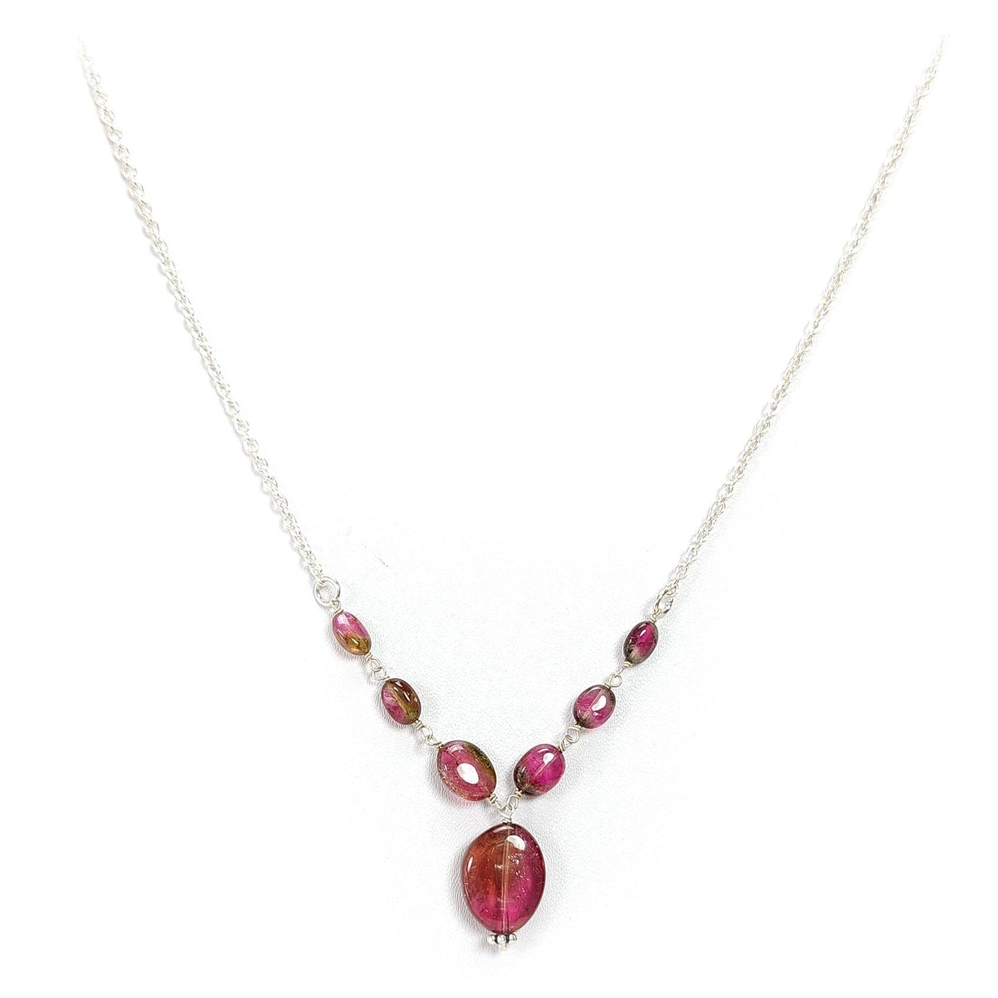 Watermelon Tourmaline Beads Chain Necklace: 33.00cts Natural Untreated Tourmaline 925 Sterling Silver Plain 21"