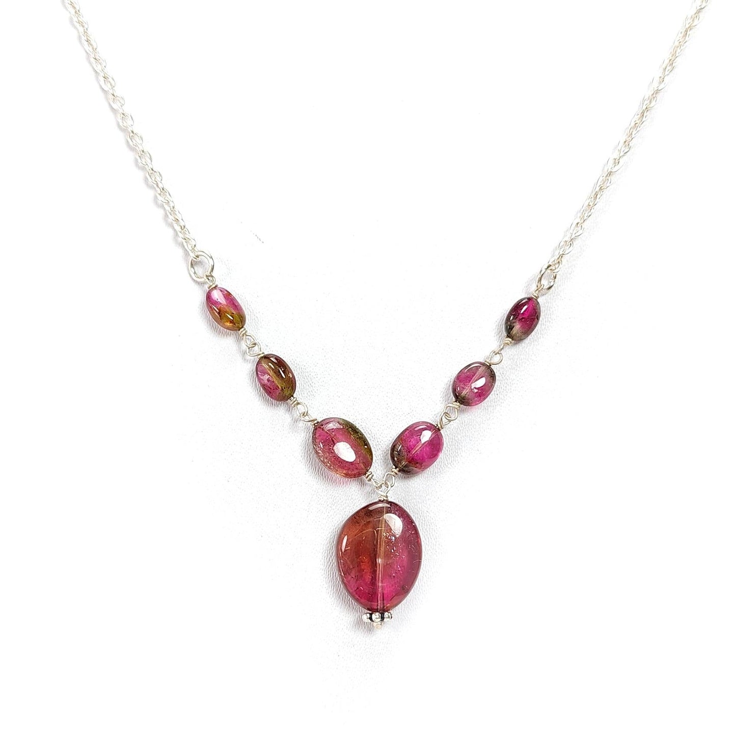 Watermelon Tourmaline Beads Chain Necklace: 33.00cts Natural Untreated Tourmaline 925 Sterling Silver Plain 21"