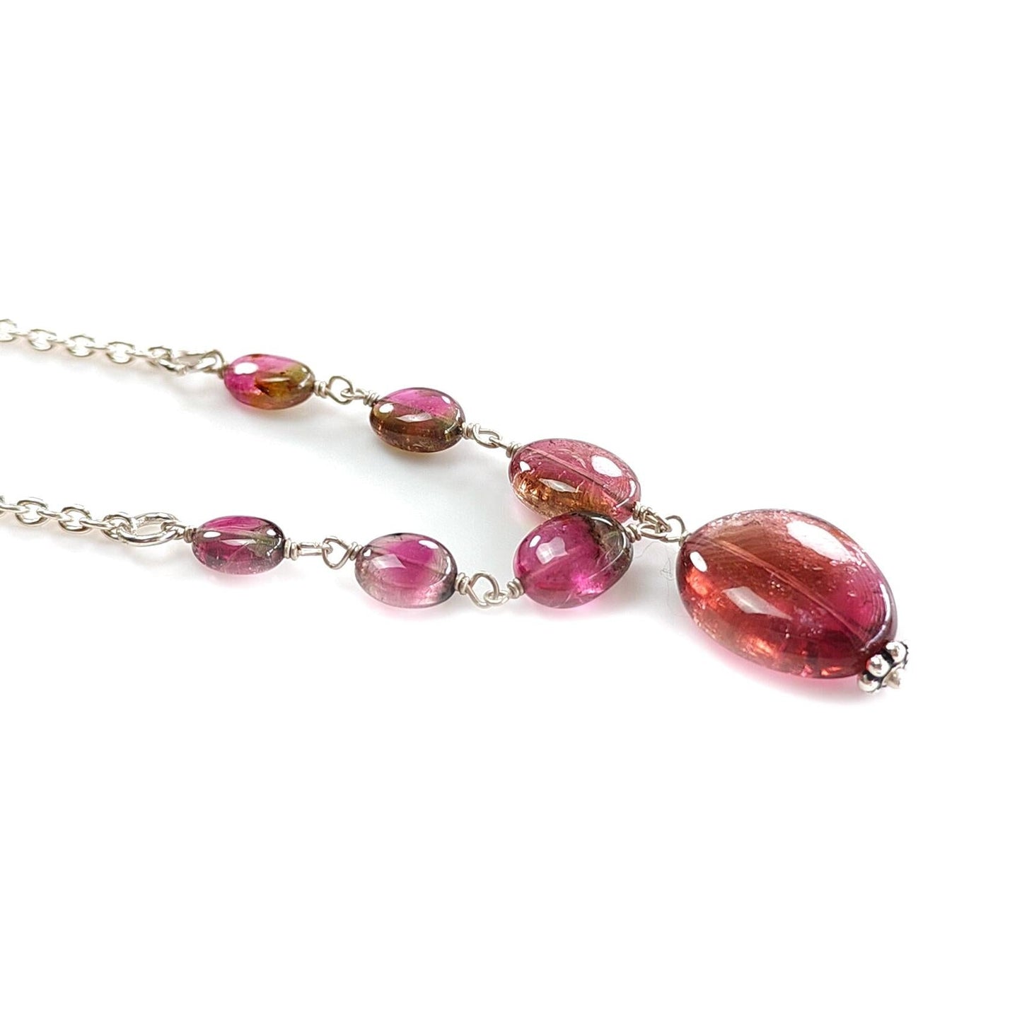 Watermelon Tourmaline Beads Chain Necklace: 33.00cts Natural Untreated Tourmaline 925 Sterling Silver Plain 21"
