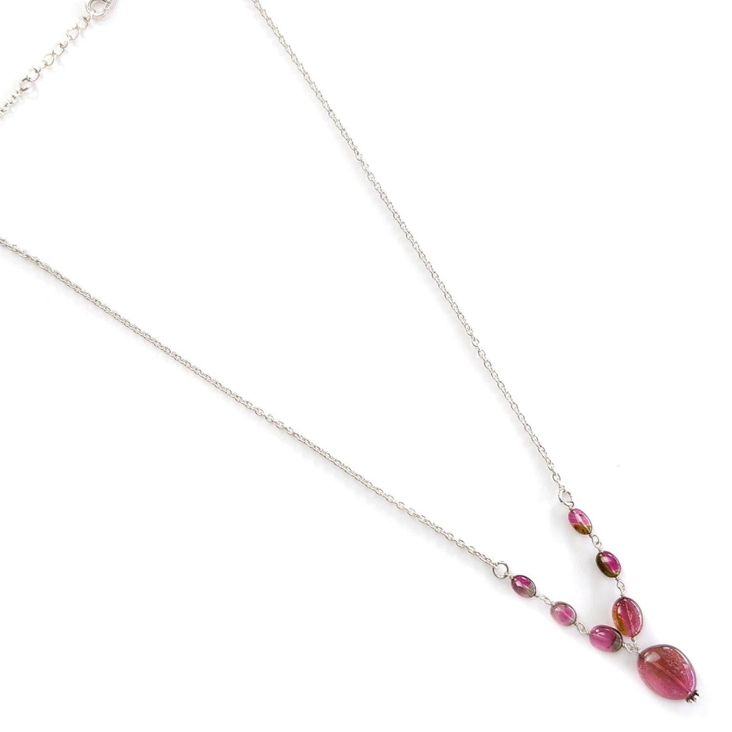 Watermelon Tourmaline Beads Chain Necklace: 33.00cts Natural Untreated Tourmaline 925 Sterling Silver Plain 21"
