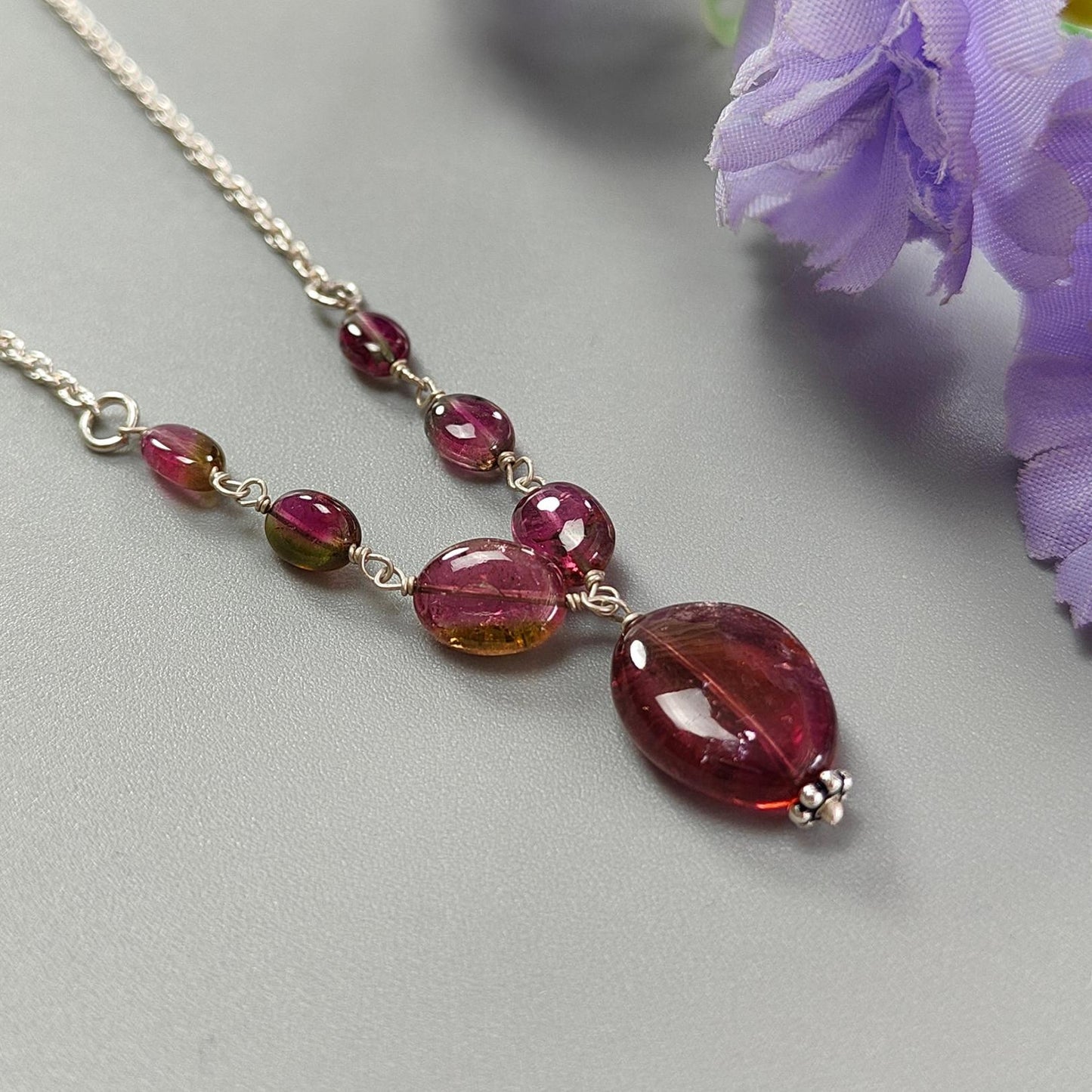 Watermelon Tourmaline Beads Chain Necklace: 33.00cts Natural Untreated Tourmaline 925 Sterling Silver Plain 21"