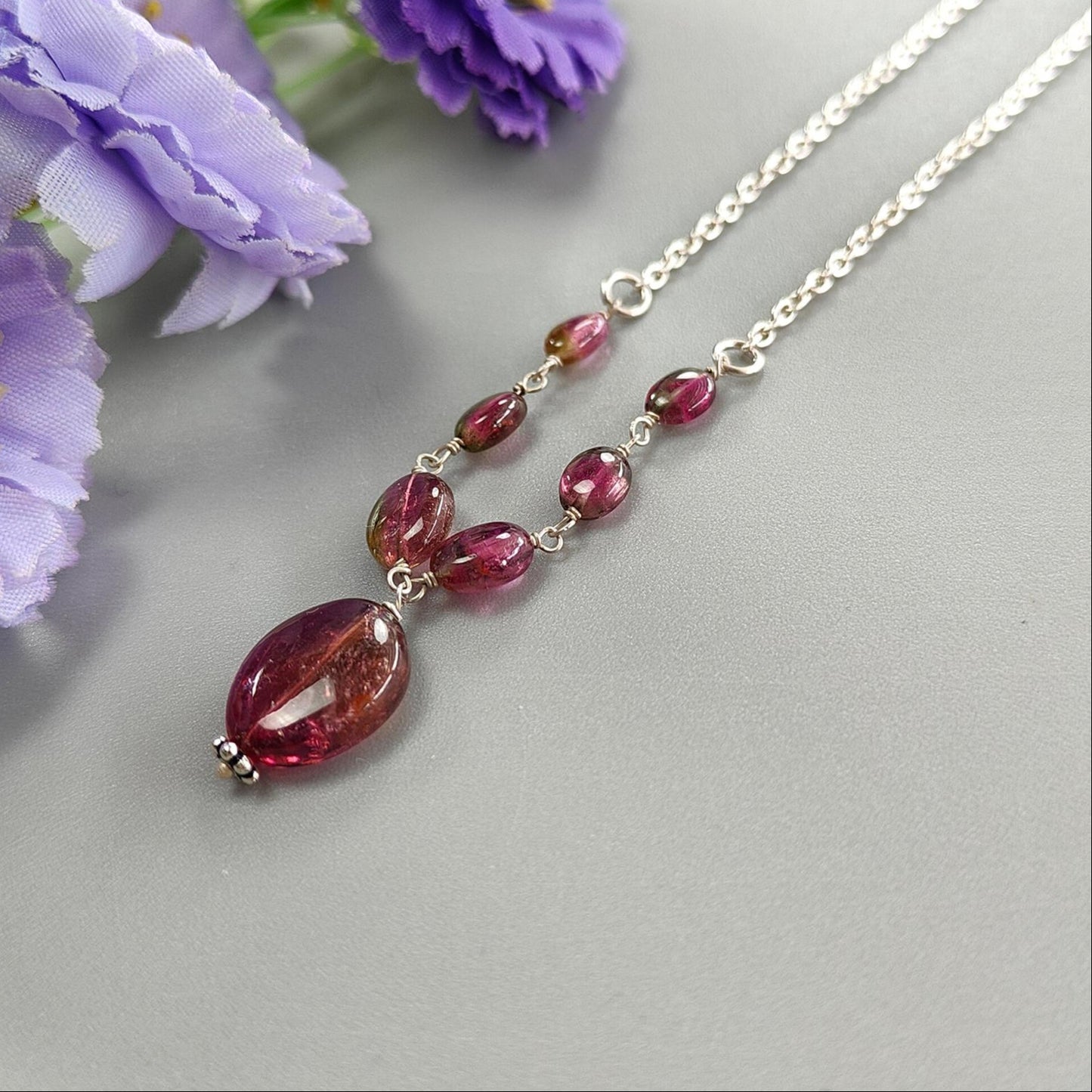 Watermelon Tourmaline Beads Chain Necklace: 33.00cts Natural Untreated Tourmaline 925 Sterling Silver Plain 21"