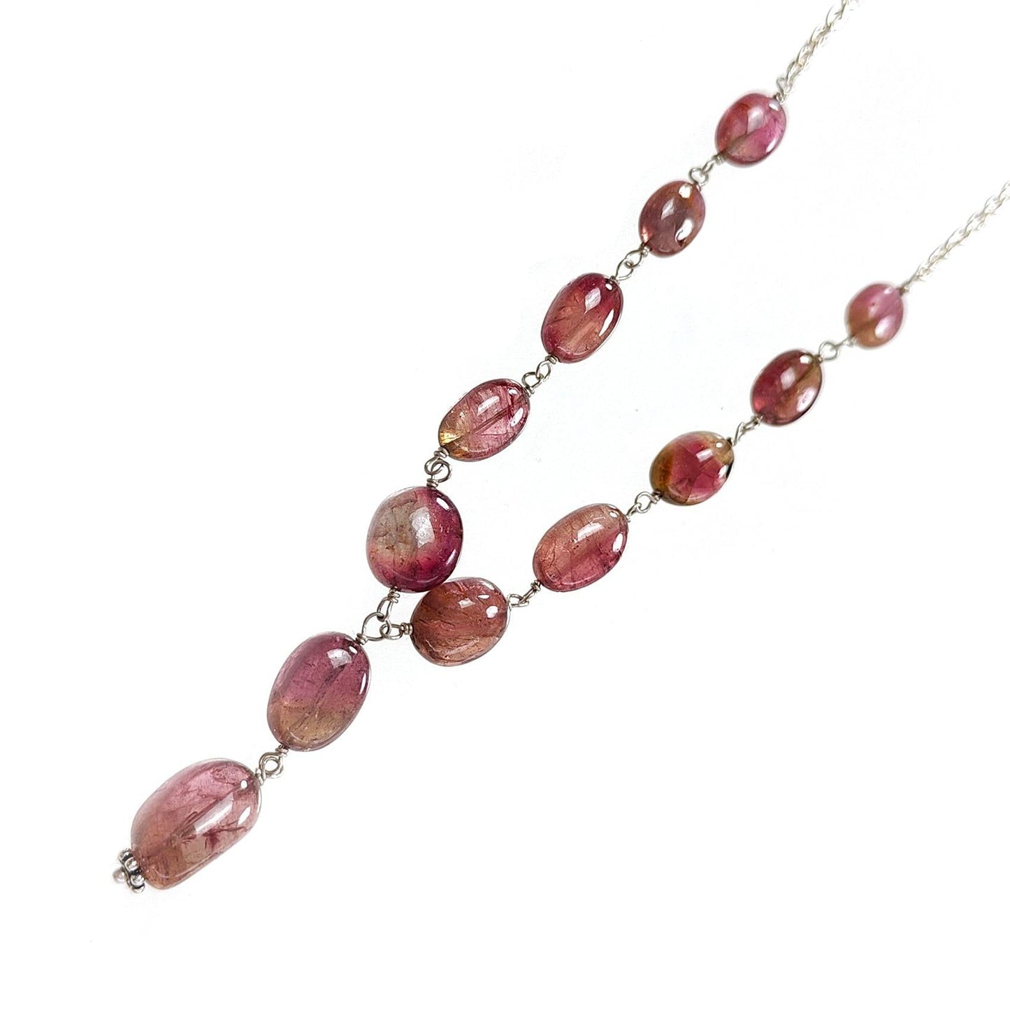 Watermelon Tourmaline Beads Chain Necklace: 56.25cts Natural Untreated Tourmaline 925 Sterling Silver Plain Oval 7*6mm - 12*8mm 22"