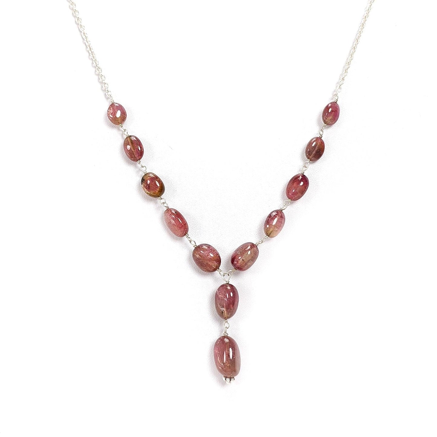 Watermelon Tourmaline Beads Chain Necklace: 56.25cts Natural Untreated Tourmaline 925 Sterling Silver Plain Oval 7*6mm - 12*8mm 22"