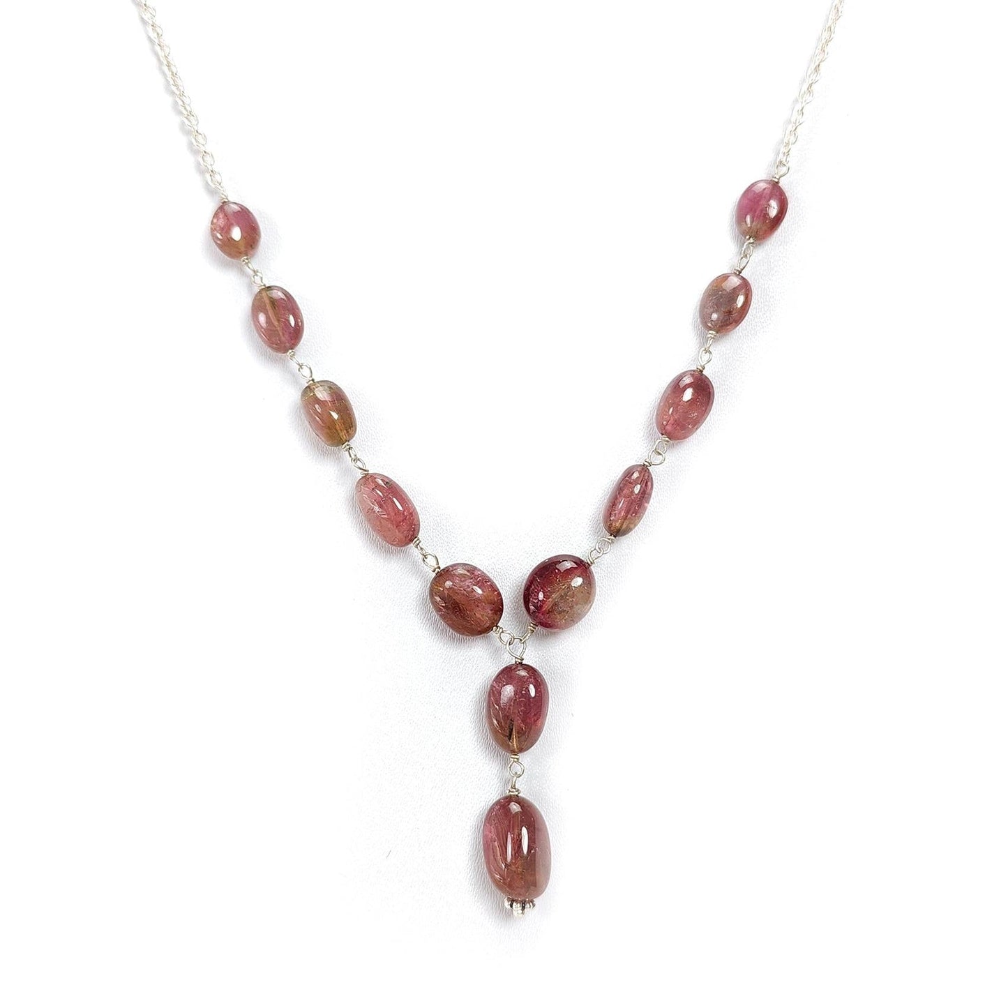 Watermelon Tourmaline Beads Chain Necklace: 56.25cts Natural Untreated Tourmaline 925 Sterling Silver Plain Oval 7*6mm - 12*8mm 22"