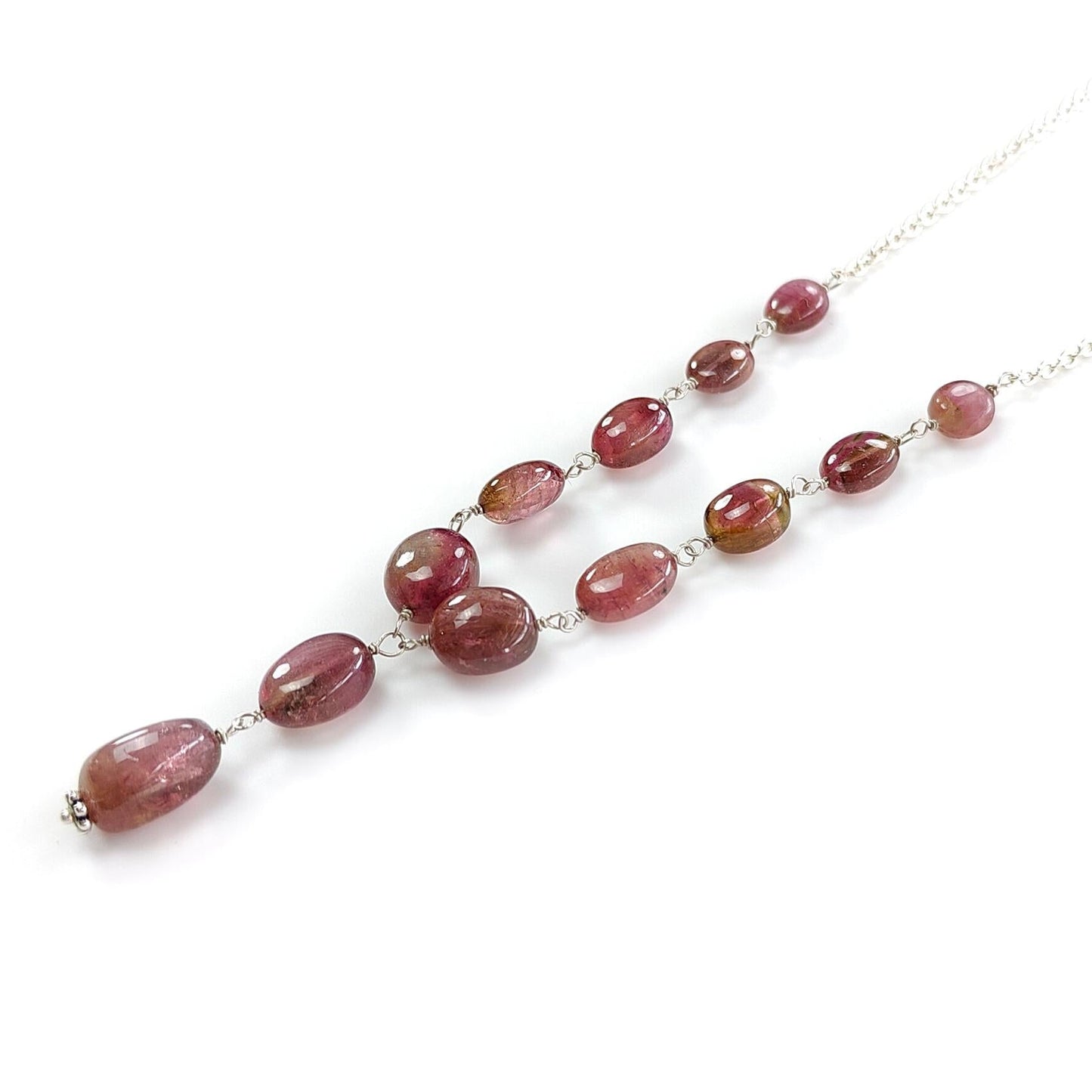 Watermelon Tourmaline Beads Chain Necklace: 56.25cts Natural Untreated Tourmaline 925 Sterling Silver Plain Oval 7*6mm - 12*8mm 22"