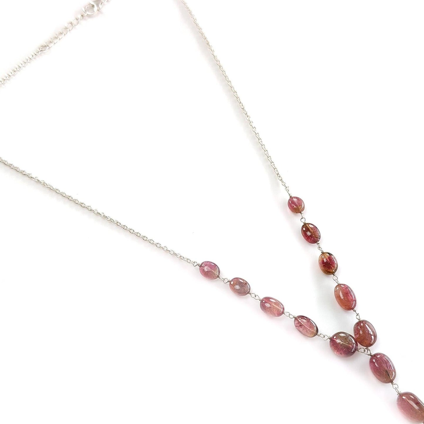 Watermelon Tourmaline Beads Chain Necklace: 56.25cts Natural Untreated Tourmaline 925 Sterling Silver Plain Oval 7*6mm - 12*8mm 22"