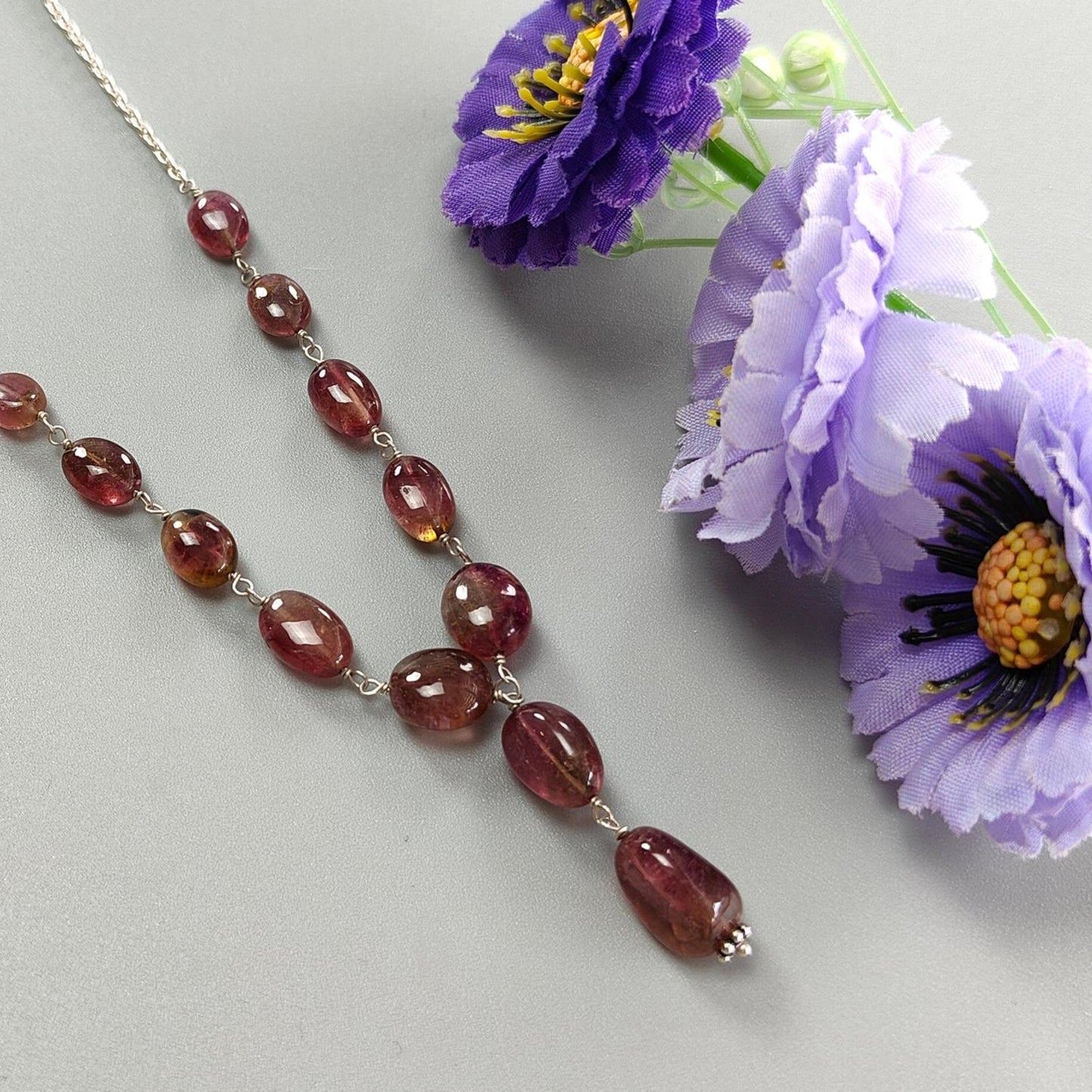 Watermelon Tourmaline Beads Chain Necklace: 56.25cts Natural Untreated Tourmaline 925 Sterling Silver Plain Oval 7*6mm - 12*8mm 22"