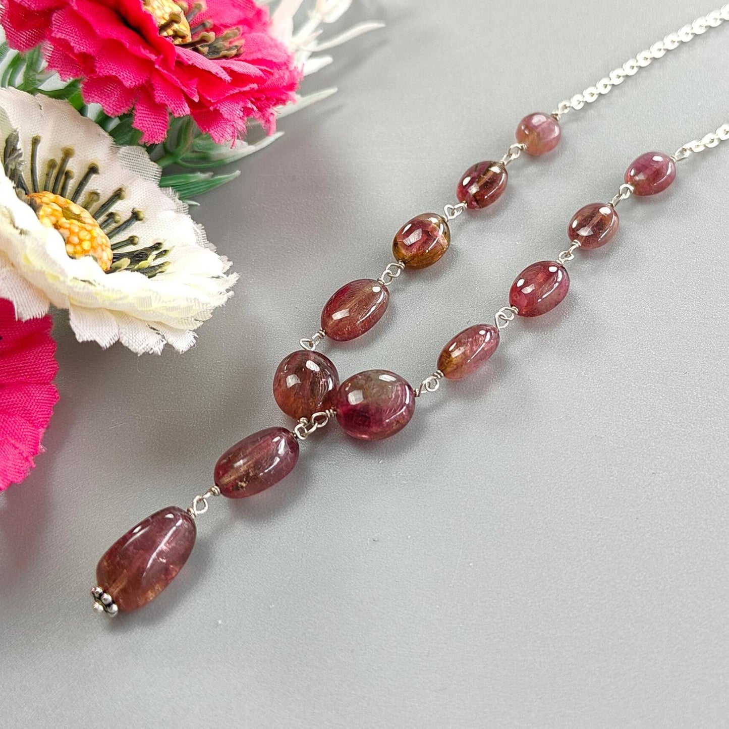 Watermelon Tourmaline Beads Chain Necklace: 56.25cts Natural Untreated Tourmaline 925 Sterling Silver Plain Oval 7*6mm - 12*8mm 22"