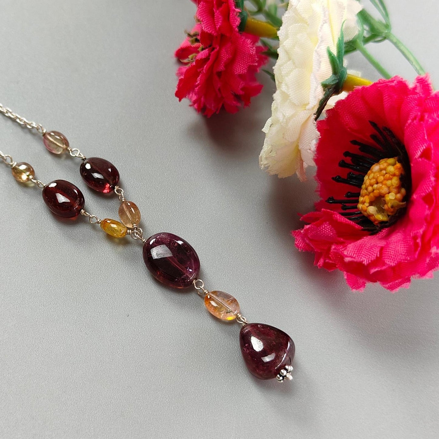 Rubellite Pink Tourmaline Beads Chain Necklace: 45.50cts Natural Untreated Tourmaline 925 Sterling Silver Plain Oval 6*4.5mm - 13*10mm 22"