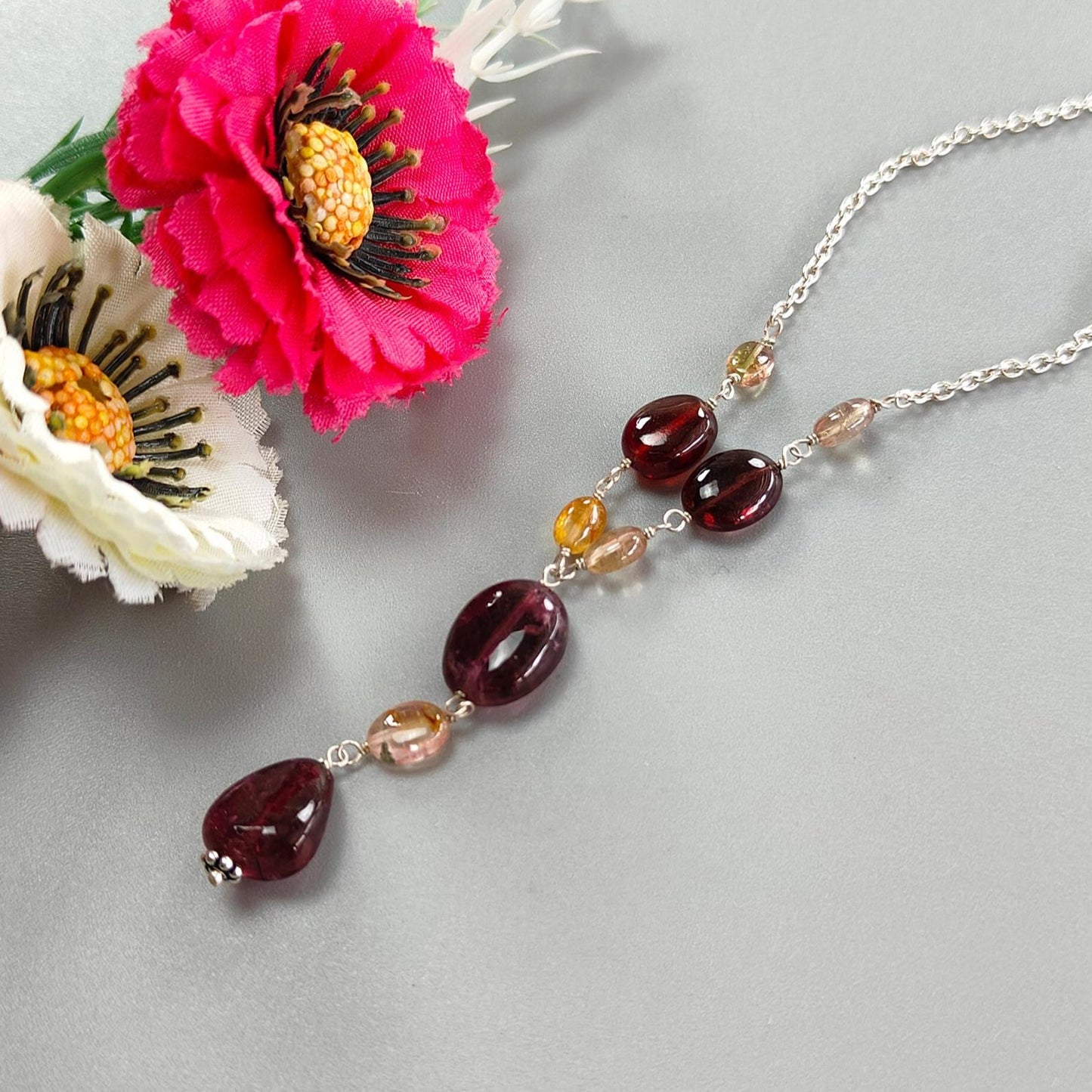 Rubellite Pink Tourmaline Beads Chain Necklace: 45.50cts Natural Untreated Tourmaline 925 Sterling Silver Plain Oval 6*4.5mm - 13*10mm 22"