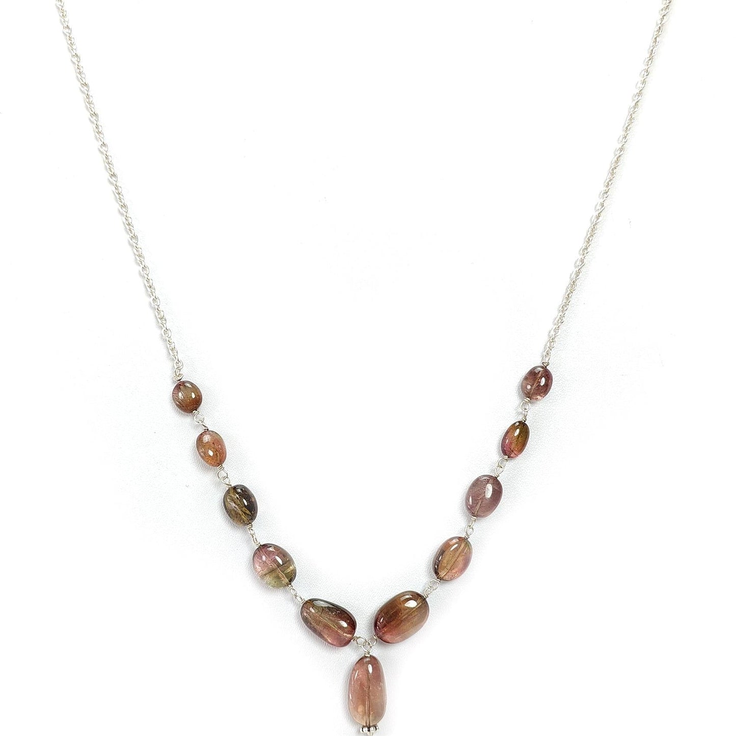 Watermelon Tourmaline Beads Chain Necklace: 52.90cts Natural Untreated Tourmaline 925 Sterling Silver Plain Oval 7*6mm - 13*8mm 21"