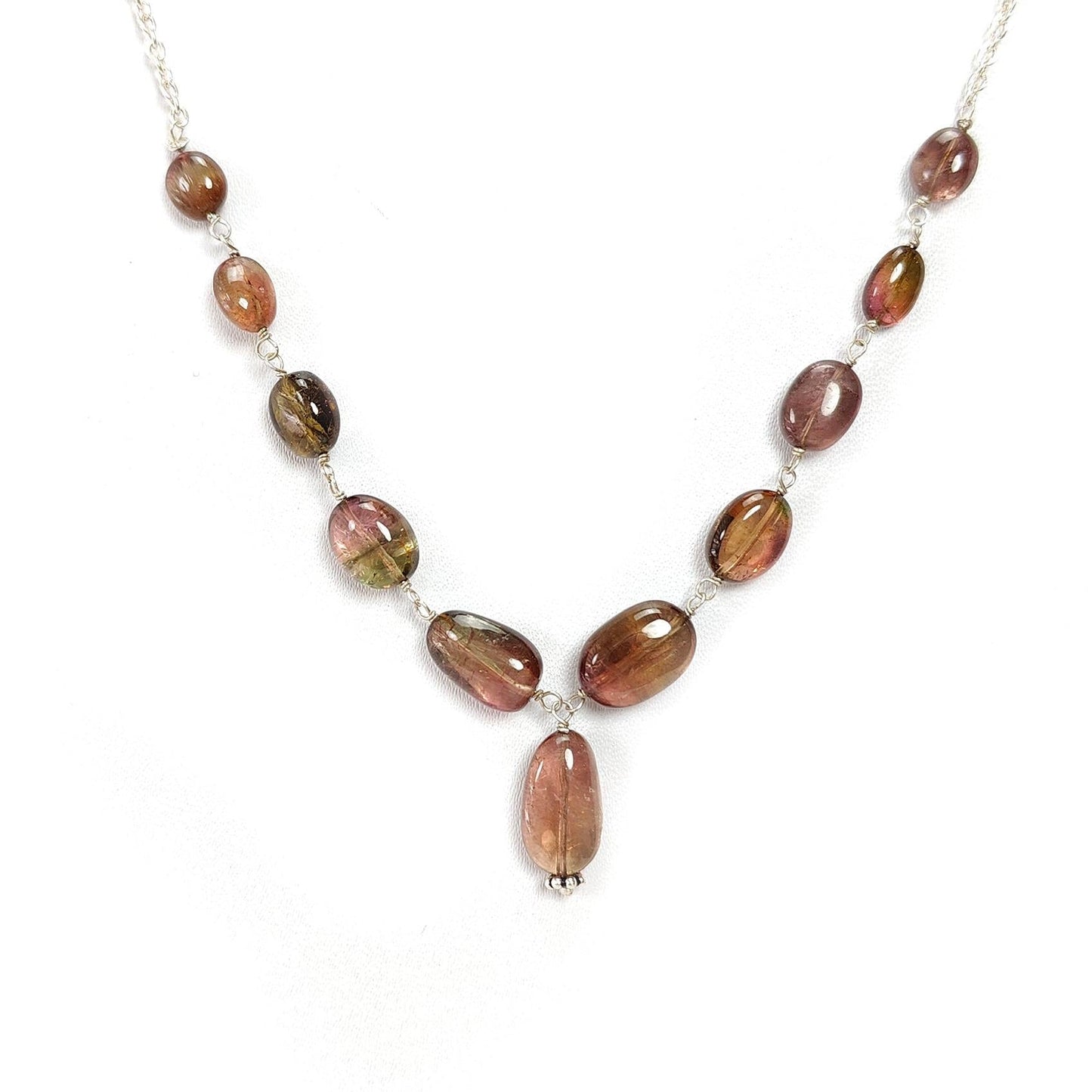 Watermelon Tourmaline Beads Chain Necklace: 52.90cts Natural Untreated Tourmaline 925 Sterling Silver Plain Oval 7*6mm - 13*8mm 21"