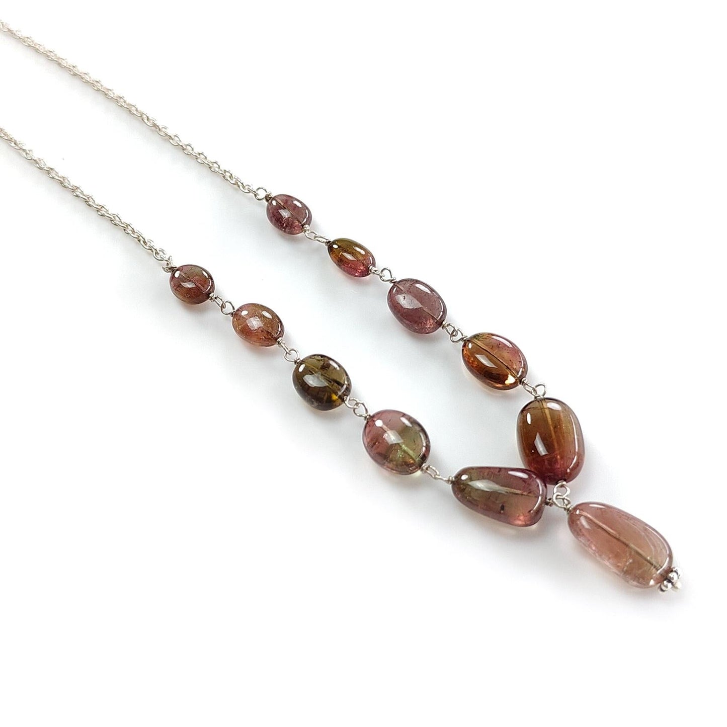 Watermelon Tourmaline Beads Chain Necklace: 52.90cts Natural Untreated Tourmaline 925 Sterling Silver Plain Oval 7*6mm - 13*8mm 21"