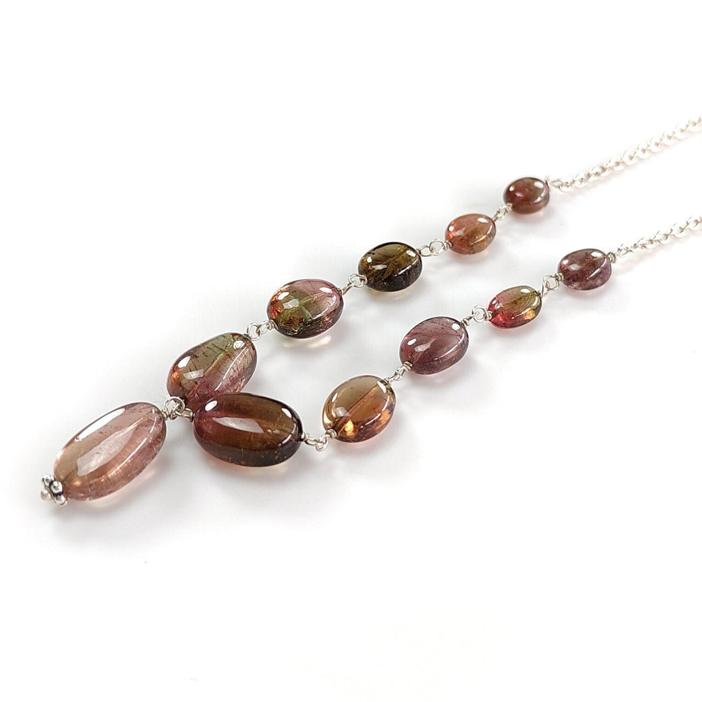 Watermelon Tourmaline Beads Chain Necklace: 52.90cts Natural Untreated Tourmaline 925 Sterling Silver Plain Oval 7*6mm - 13*8mm 21"