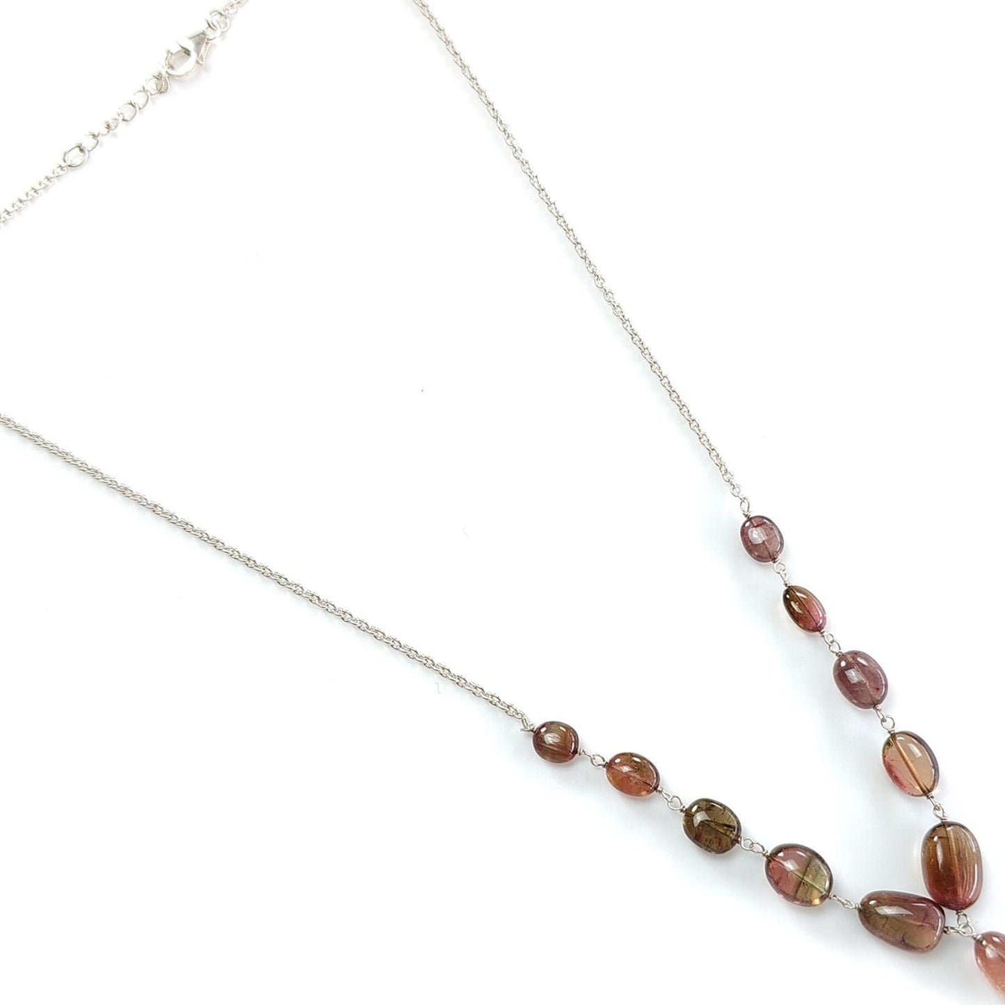 Watermelon Tourmaline Beads Chain Necklace: 52.90cts Natural Untreated Tourmaline 925 Sterling Silver Plain Oval 7*6mm - 13*8mm 21"