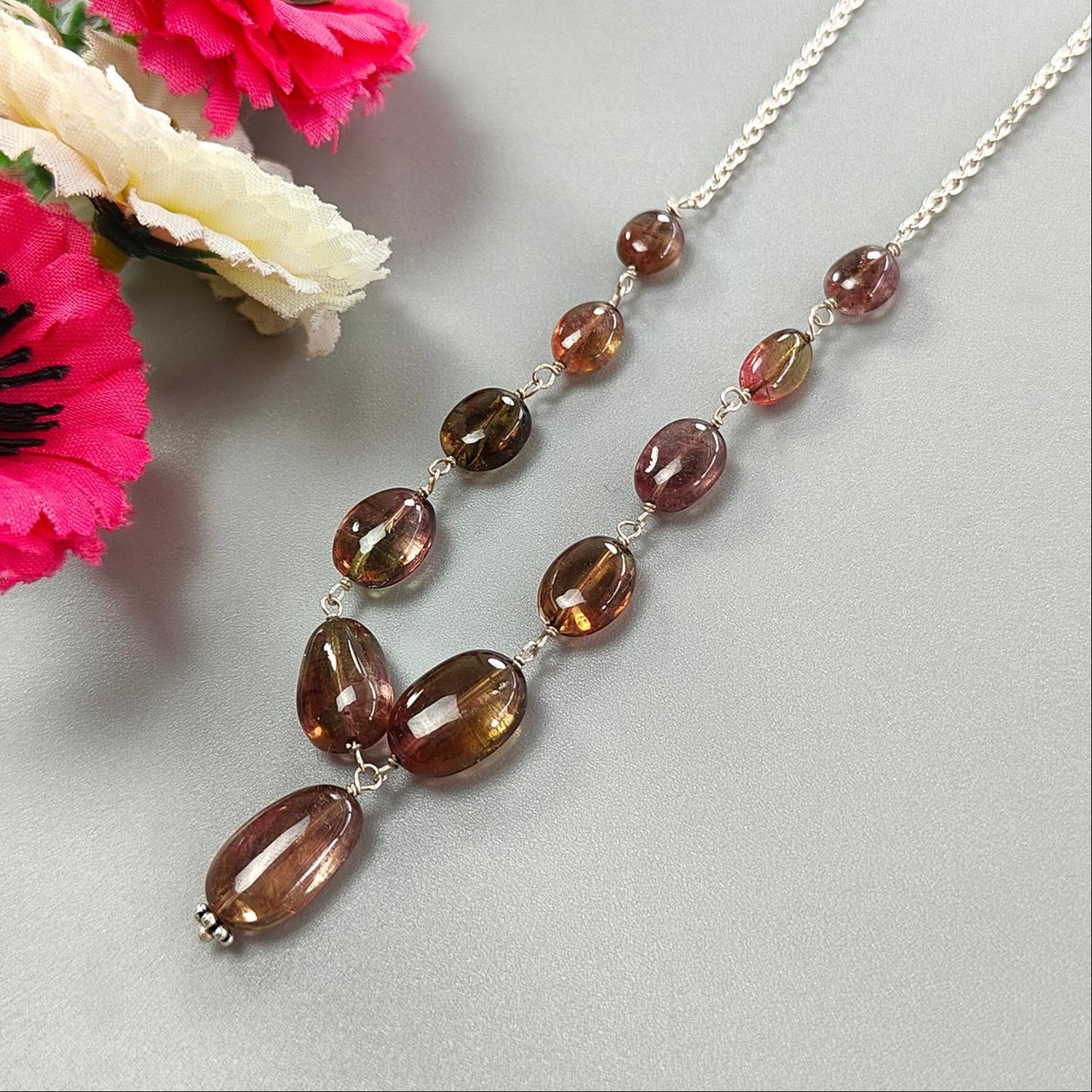 Watermelon Tourmaline Beads Chain Necklace: 52.90cts Natural Untreated Tourmaline 925 Sterling Silver Plain Oval 7*6mm - 13*8mm 21"